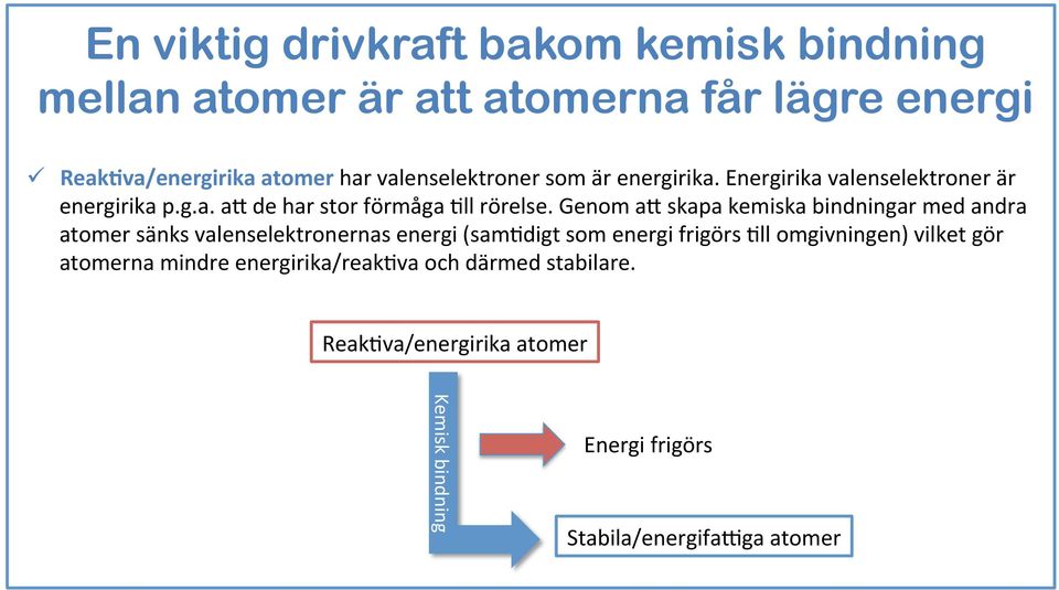 Genom a5 skapa kemiska bindningar med andra atomer sänks valenselektronernas energi (samgdigt som energi frigörs Gll omgivningen)