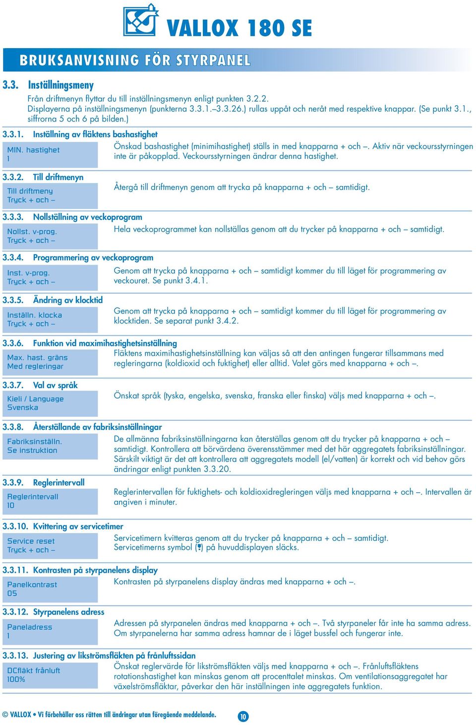 hastighet 1 Önskad bashastighet (minimihastighet) ställs in med knapparna + och. Aktiv när veckoursstyrningen inte är påkopplad. Veckoursstyrningen ändrar denna hastighet. 3.3.2.