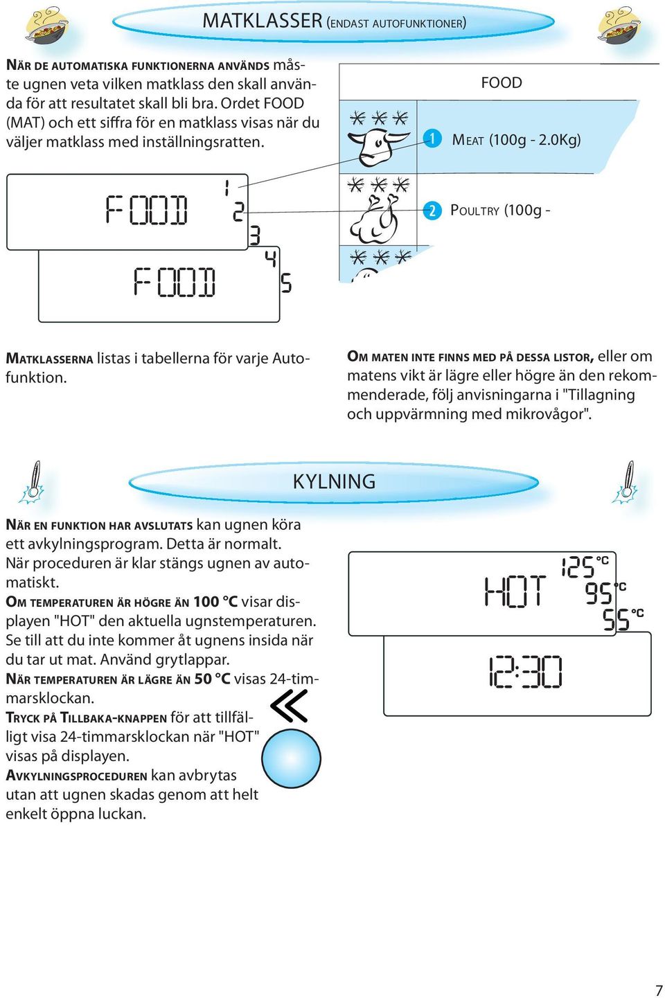 OM MATEN INTE FINNS MED PÅ DESSA LISTOR, eller om matens vikt är lägre eller högre än den rekommenderade, följ anvisningarna i "Tillagning och uppvärmning med mikrovågor".