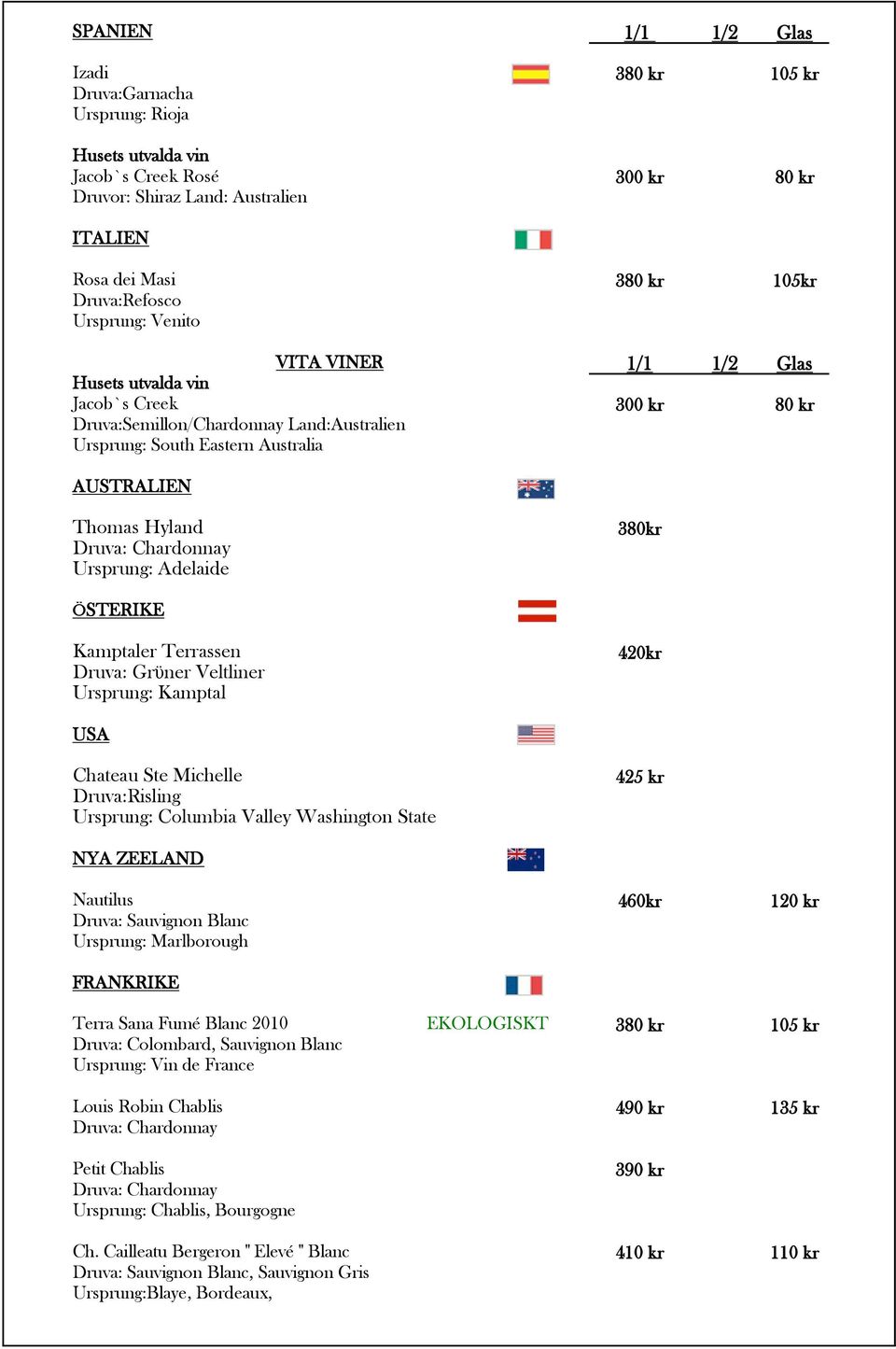 Adelaide 380kr ÖSTERIKE Kamptaler Terrassen Druva: Grϋner Veltliner Ursprung: Kamptal 420kr USA Chateau Ste Michelle Druva:Risling Ursprung: Columbia Valley Washington State 425 kr NYA ZEELAND