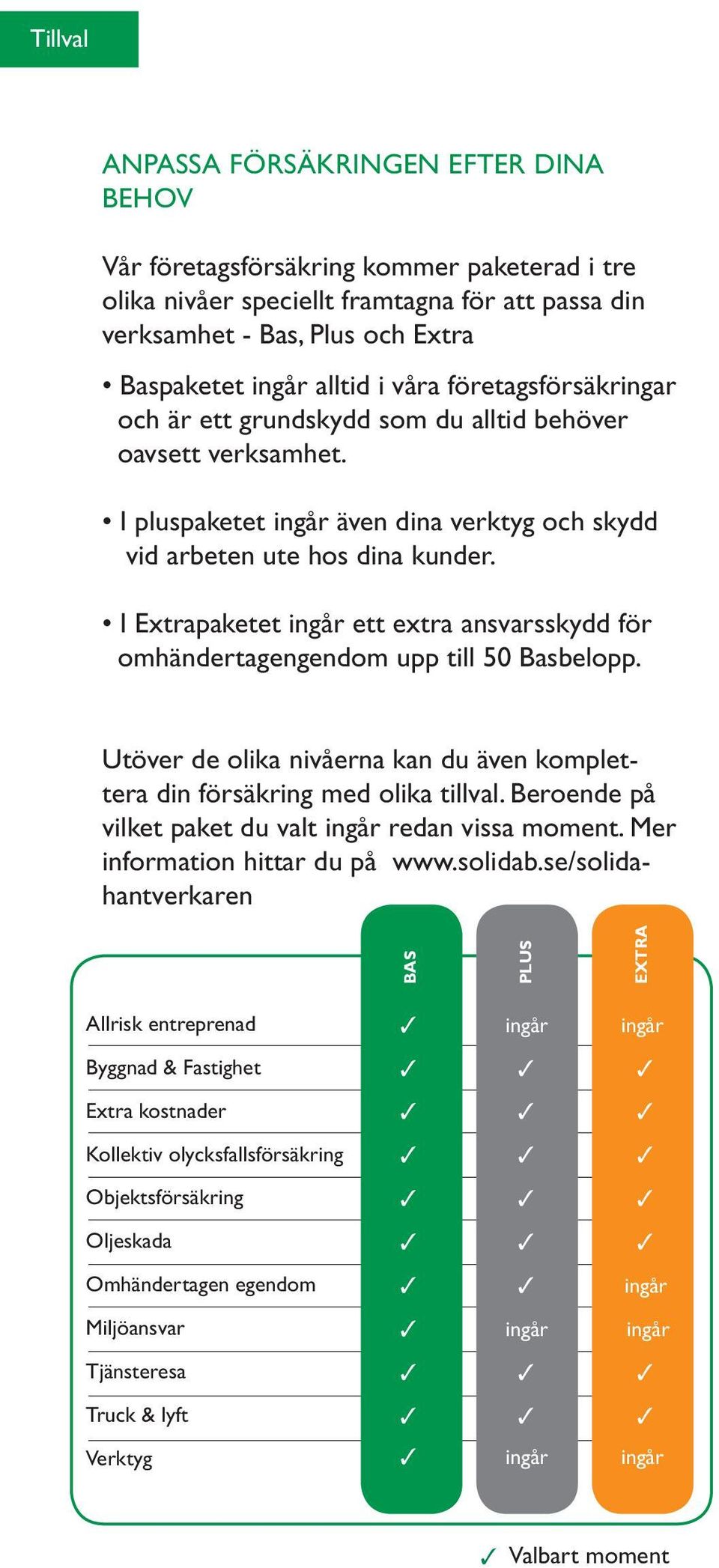 I Extrapaketet ingår ett extra ansvarsskydd för omhändertagengendom upp till 50 Basbelopp. Utöver de olika nivåerna kan du även komplettera din försäkring med olika tillval.