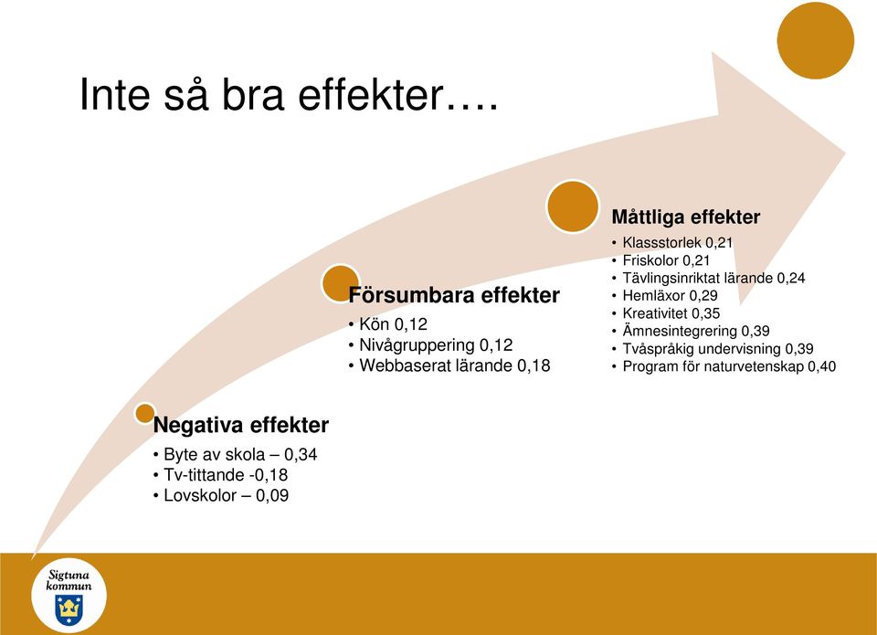 effekter Klassstorlek 0,21 Friskolor 0,21 Tävlingsinriktat lärande 0,24 Hemläxor 0,29