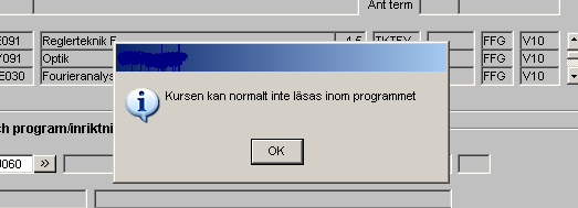 20 72BFFG-registrering på kurs inom program med terminsregistrering Delfunktionen används för att lägga in förstagångsregistrering på kurs inom program direkt utan föregående antagning eller val av