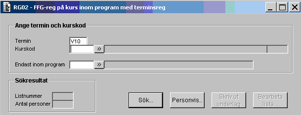 23 Börja med att klicka på Skapa ny lista. Du kommer då till en ny bild där du söker ut alla som valt kursen och som utgör underlag för registrering Fyll i termin och kurskod.