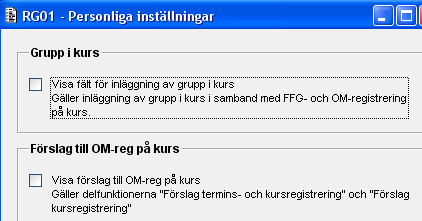 5 1BRegistrering på fristående kurs och kurser inom program utan terminsregistrering 01BRG01 Registrering en person RG01 består av ett antal delfunktioner och med hjälp av dessa ges möjlighet att