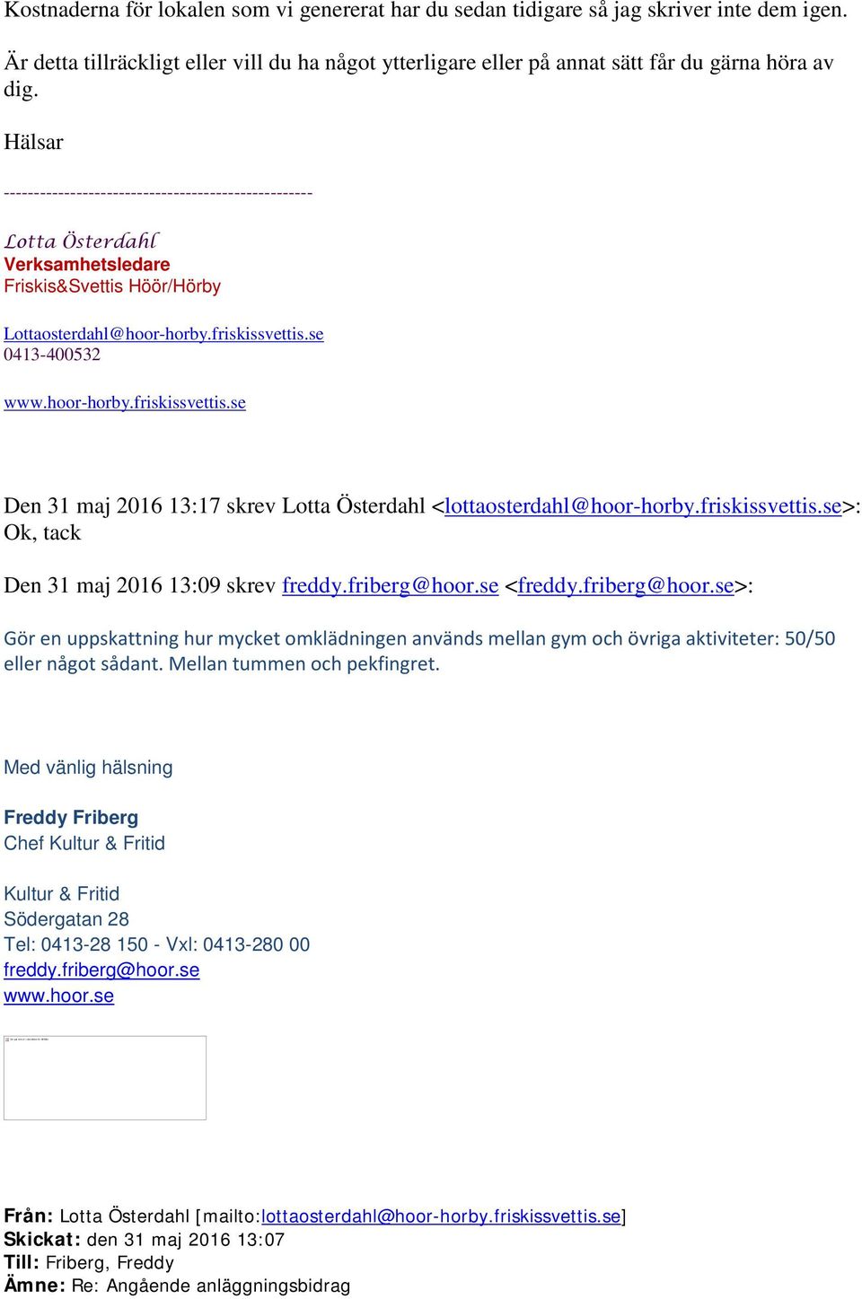 Hälsar --------------------------------------------------- Lotta Österdahl Verksamhetsledare Friskis&Svettis Höör/Hörby Lottaosterdahl@hoor-horby.friskissvettis.
