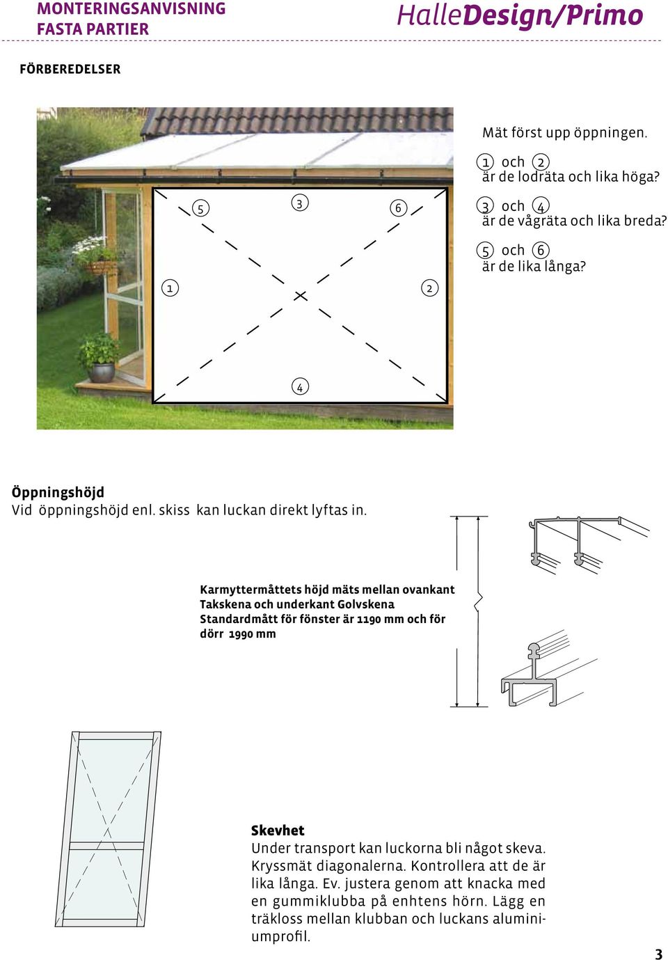 Karmyttermåttets höjd mäts mellan ovankant Takskena och underkant Golvskena Standardmått för fönster är 1190 mm och för dörr 1990 mm Skevhet Under