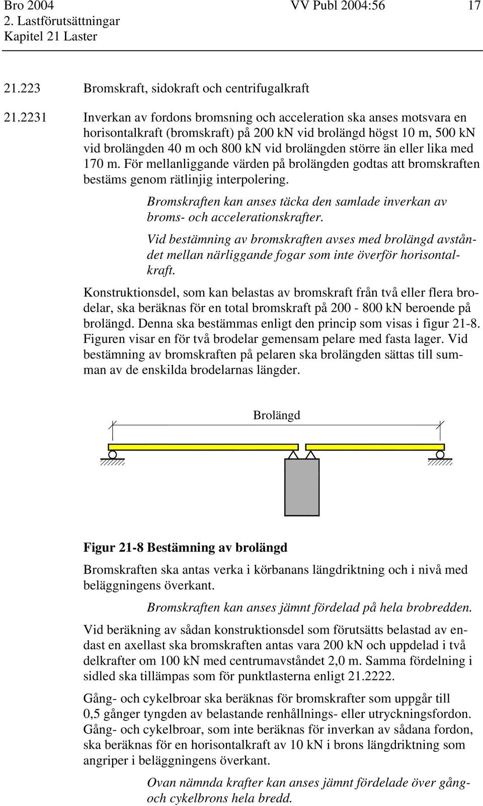 än eller lika med 170 m. För mellanliggande värden på brolängden godtas att bromskraften bestäms genom rätlinjig interpolering.