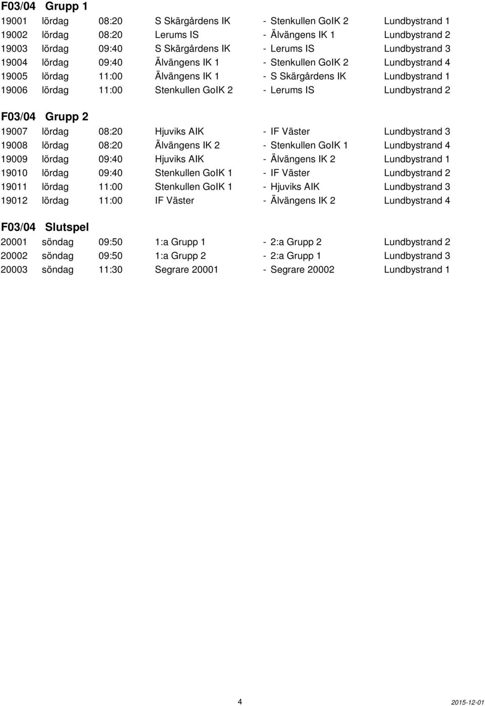 IS Lundbystrand 2 F03/04 Grupp 2 19007 lördag 08:20 Hjuviks AIK - IF Väster Lundbystrand 3 19008 lördag 08:20 Älvängens IK 2 - Stenkullen GoIK 1 Lundbystrand 4 19009 lördag 09:40 Hjuviks AIK -