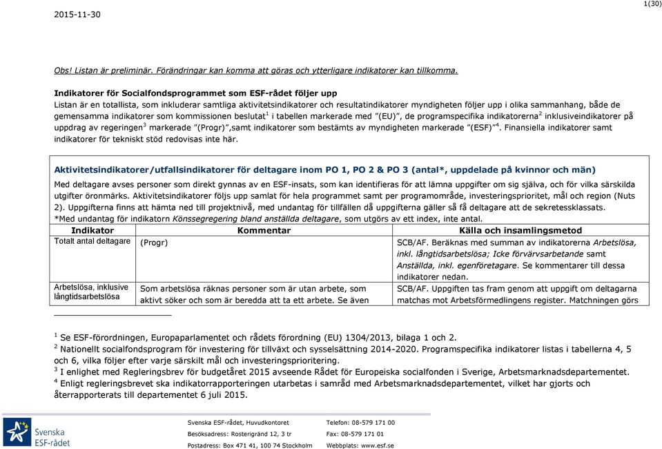 sammanhang, både de gemensamma indikatorer som kommissionen beslutat 1 i tabellen markerade med (EU), de programspecifika indikatorerna 2 inklusiveindikatorer på uppdrag av regeringen 3 markerade