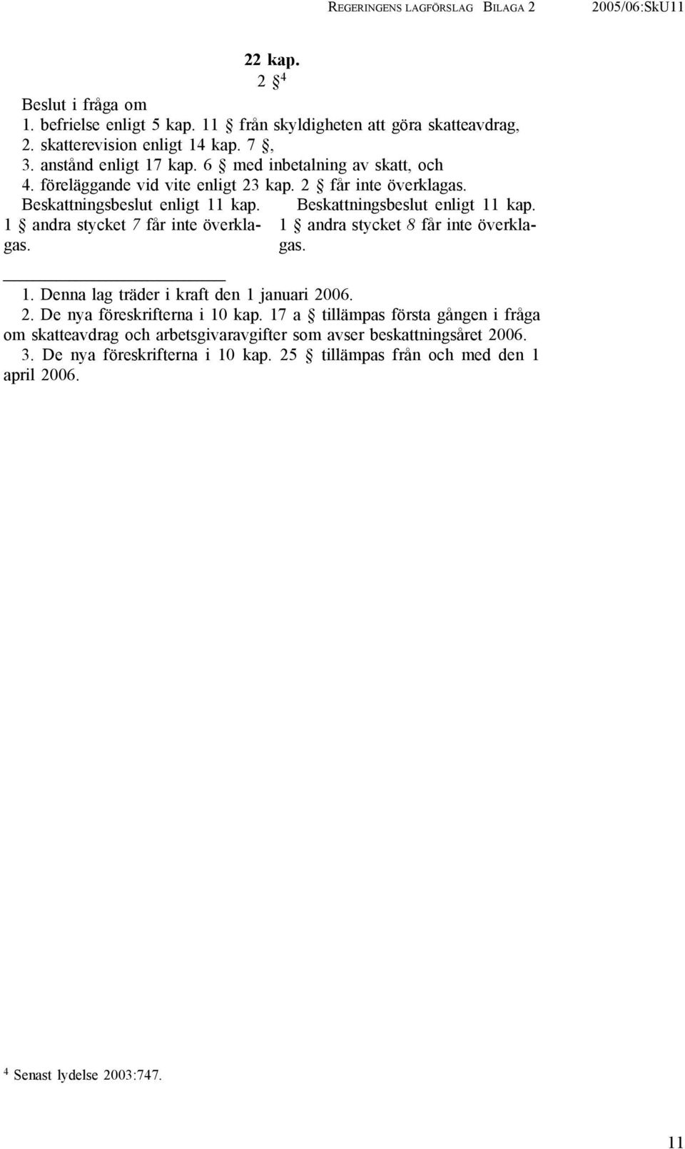 1 andra stycket 7 får inte överklagas. Beskattningsbeslut enligt 11 kap. 1 andra stycket 8 får inte överklagas. 1. Denna lag träder i kraft den 1 januari 2006. 2. De nya föreskrifterna i 10 kap.