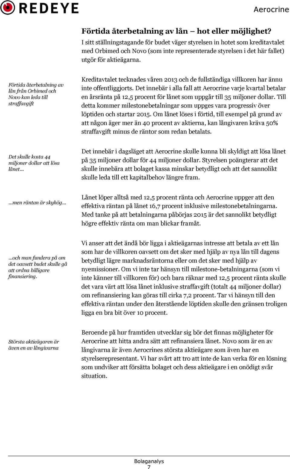 Förtida återbetalning av lån från Orbimed och Novo kan leda till straffavgift Kreditavtalet tecknades våren 2013 och de fullständiga villkoren har ännu inte offentliggjorts.