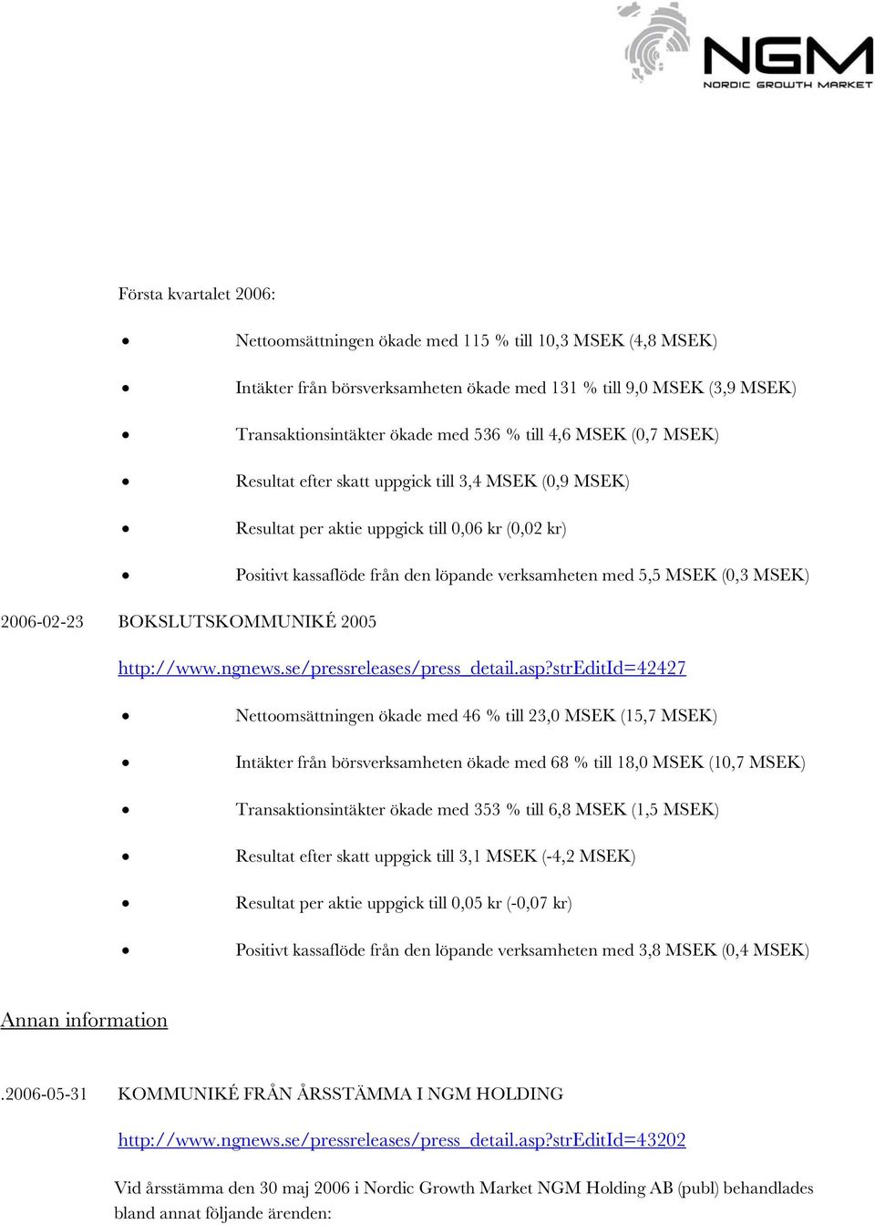 2006-02-23 BOKSLUTSKOMMUNIKÉ 2005 http://www.ngnews.se/pressreleases/press_detail.asp?