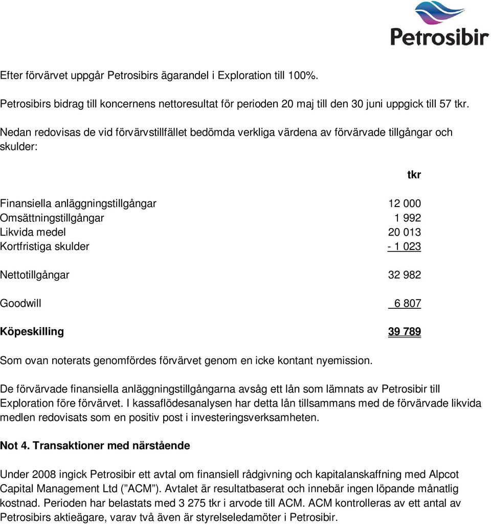 Kortfristiga skulder - 1 023 Nettotillgångar 32 982 Goodwill 6 807 Köpeskilling 39 789 Som ovan noterats genomfördes förvärvet genom en icke kontant nyemission.