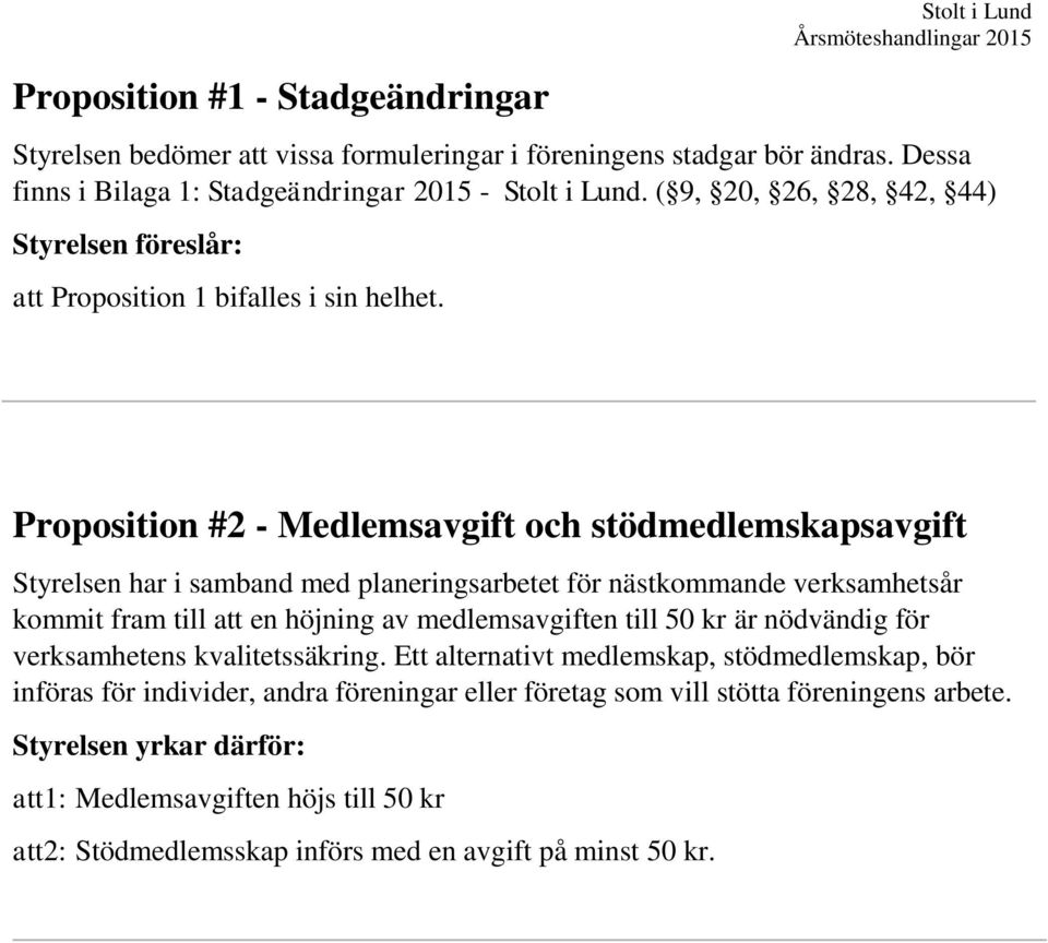 Proposition #2 - Medlemsavgift och stödmedlemskapsavgift Styrelsen har i samband med planeringsarbetet för nästkommande verksamhetsår kommit fram till att en höjning av medlemsavgiften