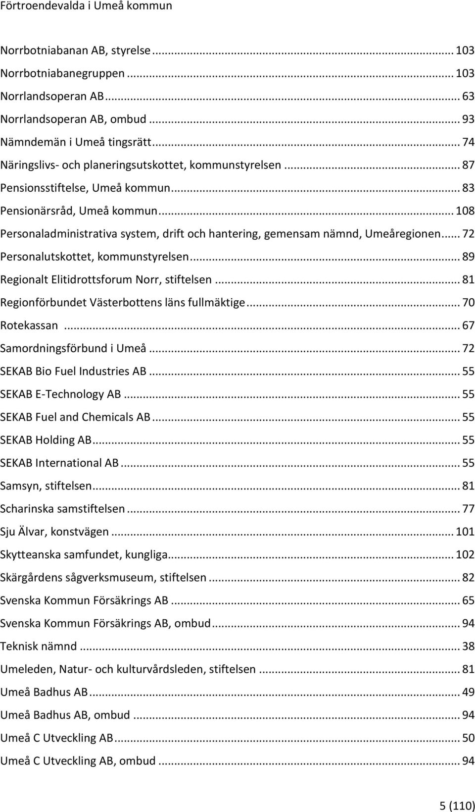 .. 108 Personaladministrativa system, drift och hantering, gemensam nämnd, Umeåregionen... 72 Personalutskottet, kommunstyrelsen... 89 Regionalt Elitidrottsforum Norr, stiftelsen.