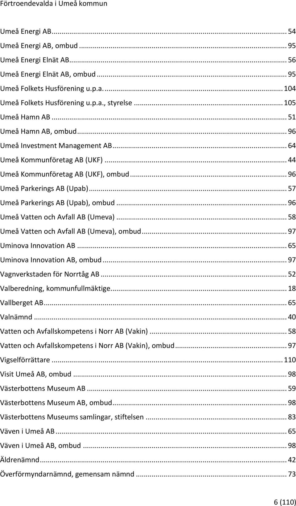 .. 57 Umeå Parkerings AB (Upab), ombud... 96 Umeå Vatten och Avfall AB (Umeva)... 58 Umeå Vatten och Avfall AB (Umeva), ombud... 97 Uminova Innovation AB... 65 Uminova Innovation AB, ombud.