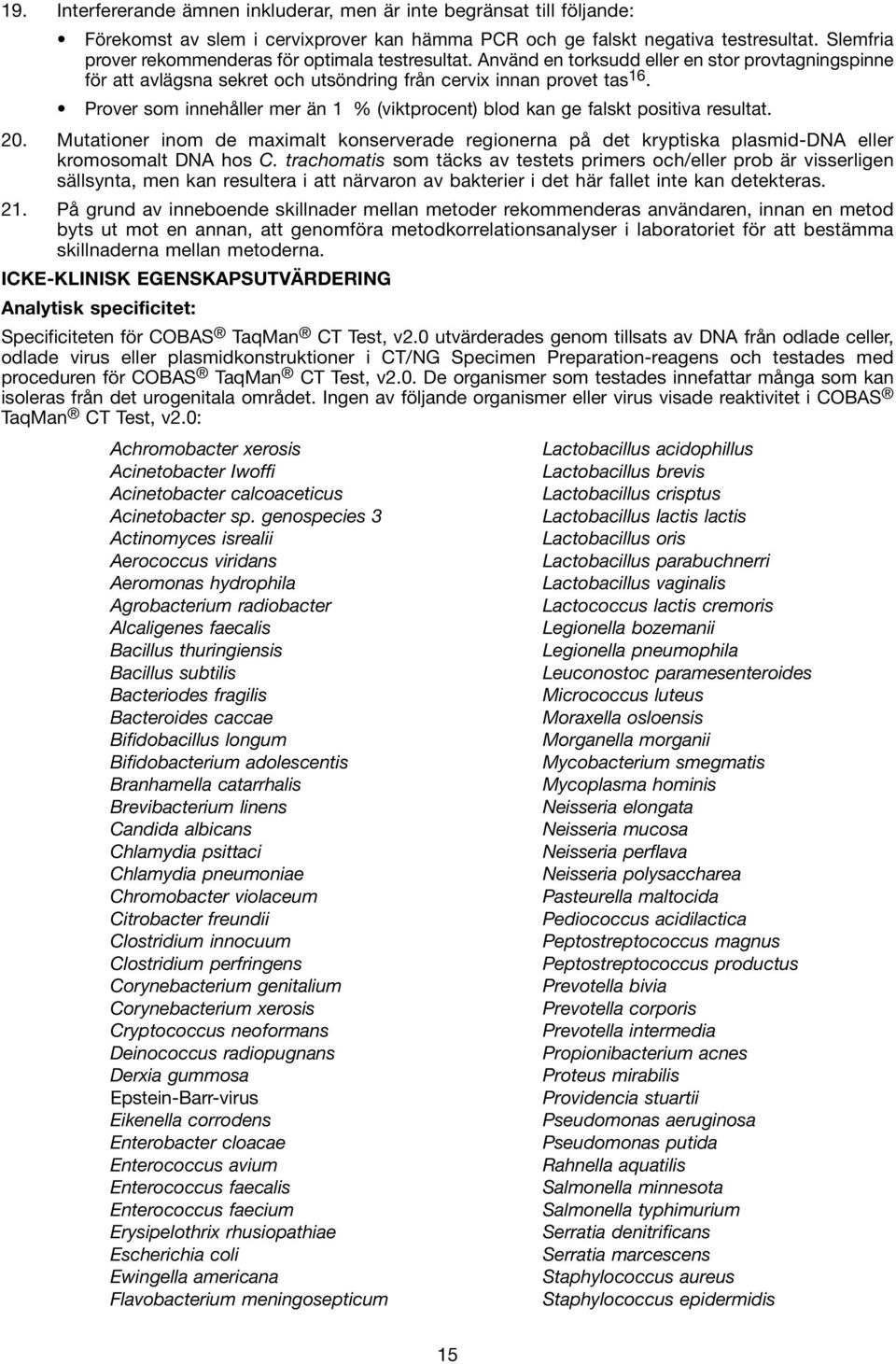 Prover som innehåller mer än 1 % (viktprocent) blod kan ge falskt positiva resultat. 20. Mutationer inom de maximalt konserverade regionerna på det kryptiska plasmid-dna eller kromosomalt DNA hos C.