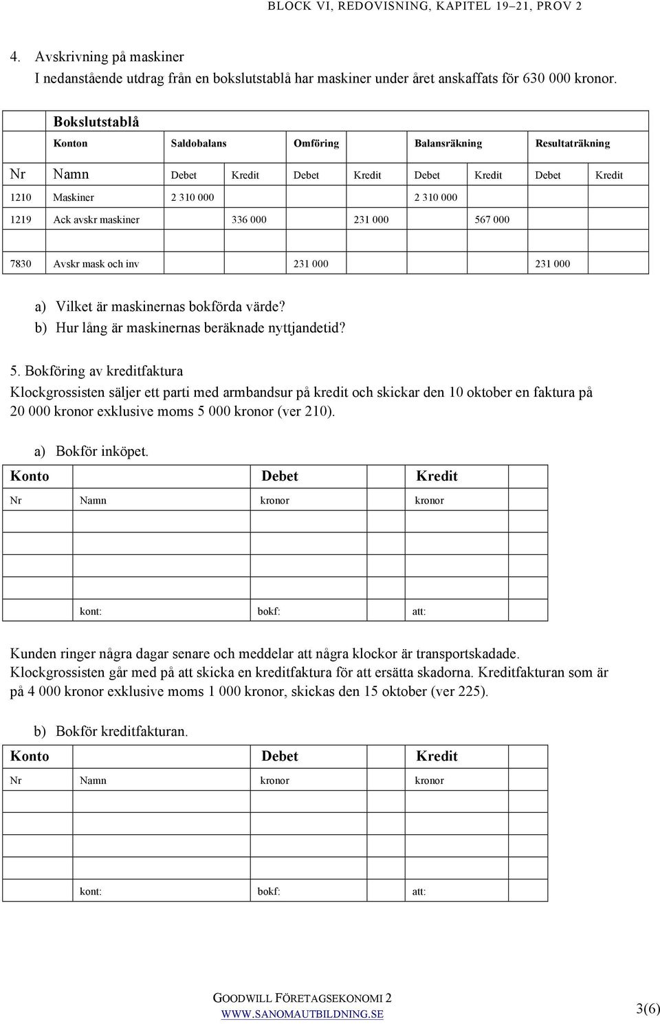 231 000 567 000 7830 Avskr mask och inv 231 000 231 000 a) Vilket är maskinernas bokförda värde? b) Hur lång är maskinernas beräknade nyttjandetid? 5. Bokföring av kreditfaktura Klockgrossisten säljer ett parti med armbandsur på kredit och skickar den 10 oktober en faktura på 20 000 kronor exklusive moms 5 000 kronor (ver 210).