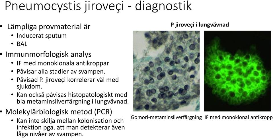 Kan också påvisas histopatologiskt med bla metaminsilverfärgning i lungvävnad.