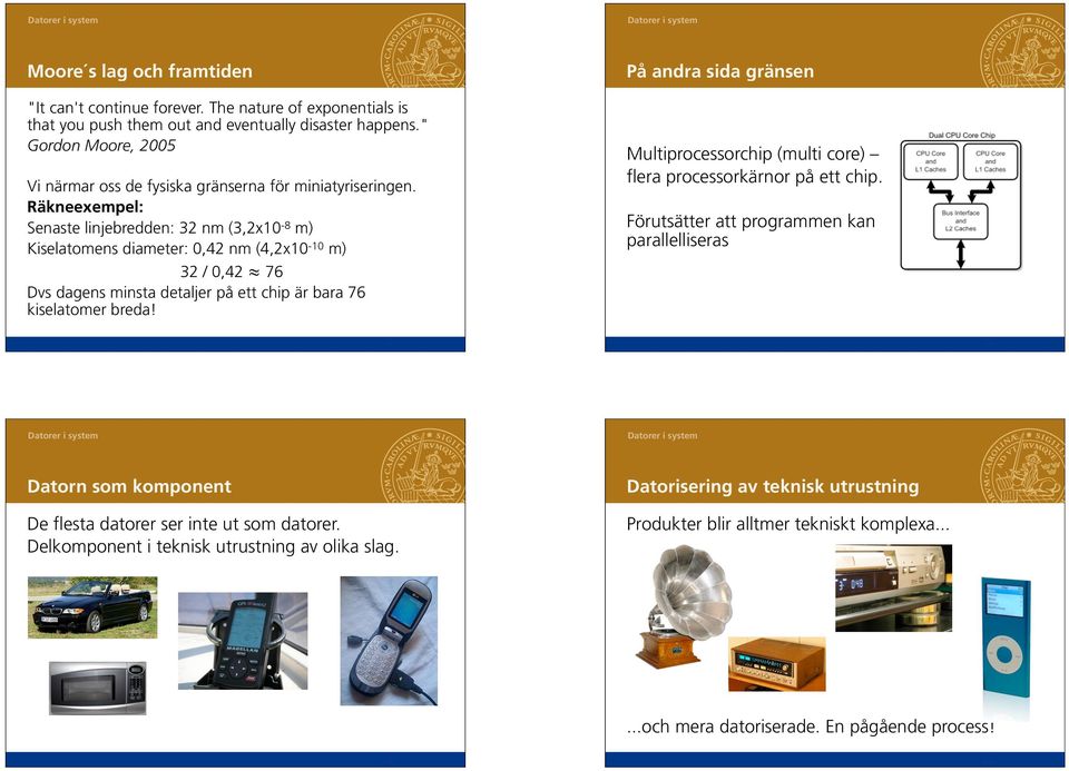 76 Dvs dagens minsta detaljer på ett chip är bara 76 kiselatomer breda! Multiprocessorchip (multi core) flera processorkärnor på ett chip.