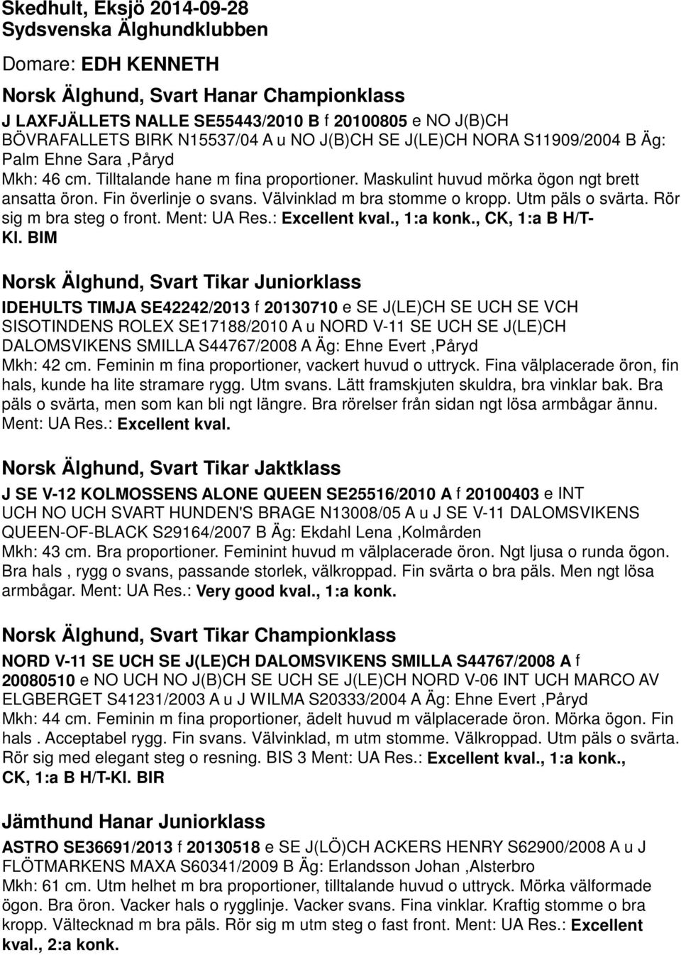 Välvinklad m bra stomme o kropp. Utm päls o svärta. Rör sig m bra steg o front. Ment: UA Res.: Excellent kval., 1:a konk., CK, 1:a B H/T- Kl.