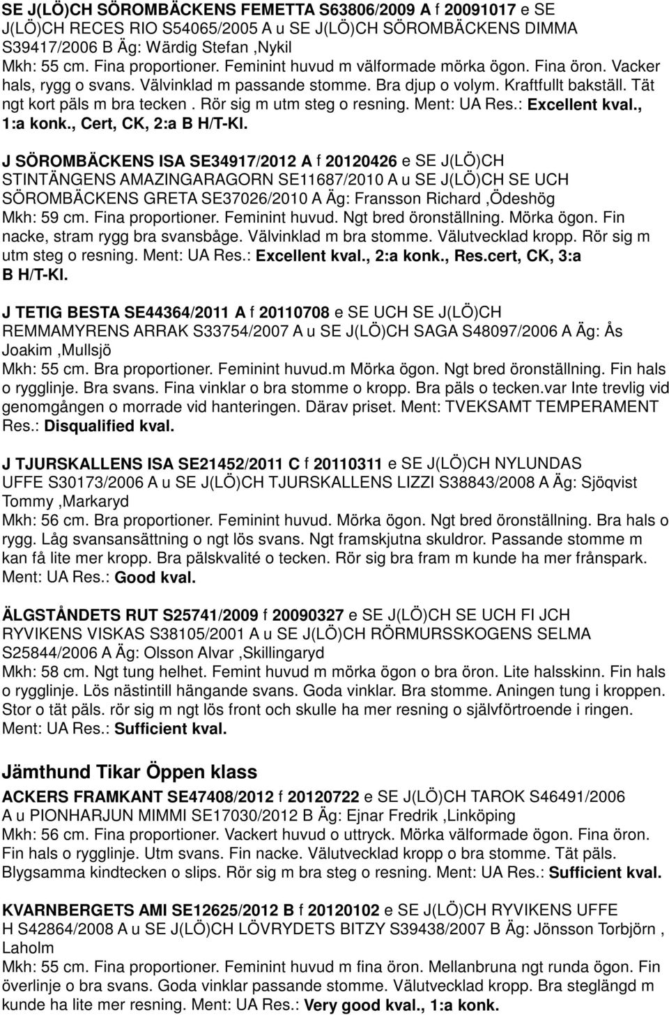 Rör sig m utm steg o resning. Ment: UA Res.: Excellent kval., 1:a konk., Cert, CK, 2:a B H/T-Kl.