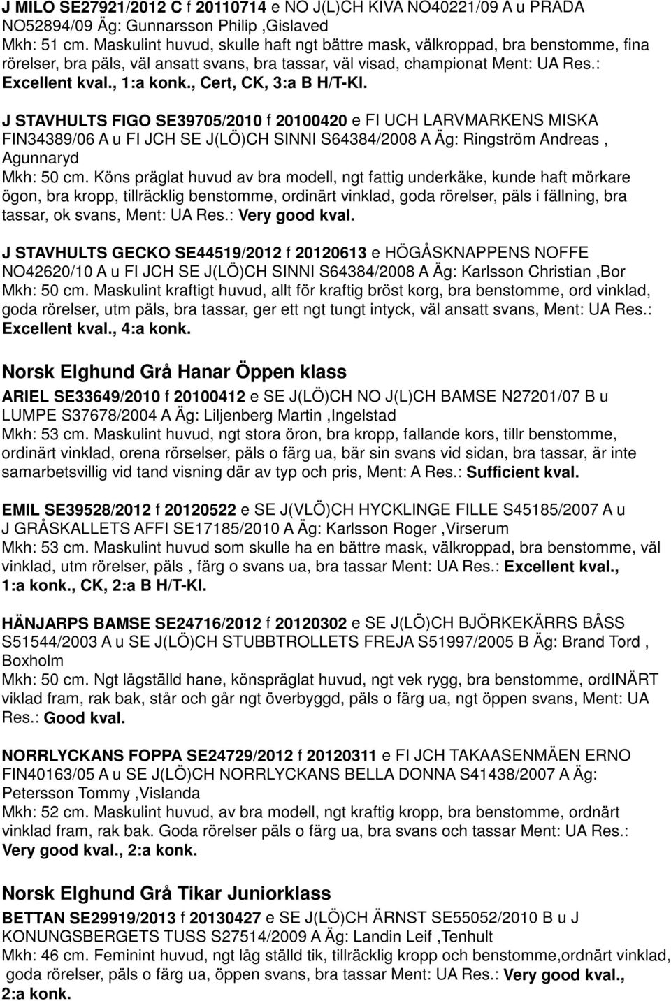 , Cert, CK, 3:a B H/T-Kl. J STAVHULTS FIGO SE39705/2010 f 20100420 e FI UCH LARVMARKENS MISKA FIN34389/06 A u FI JCH SE J(LÖ)CH SINNI S64384/2008 A Äg: Ringström Andreas, Agunnaryd Mkh: 50 cm.