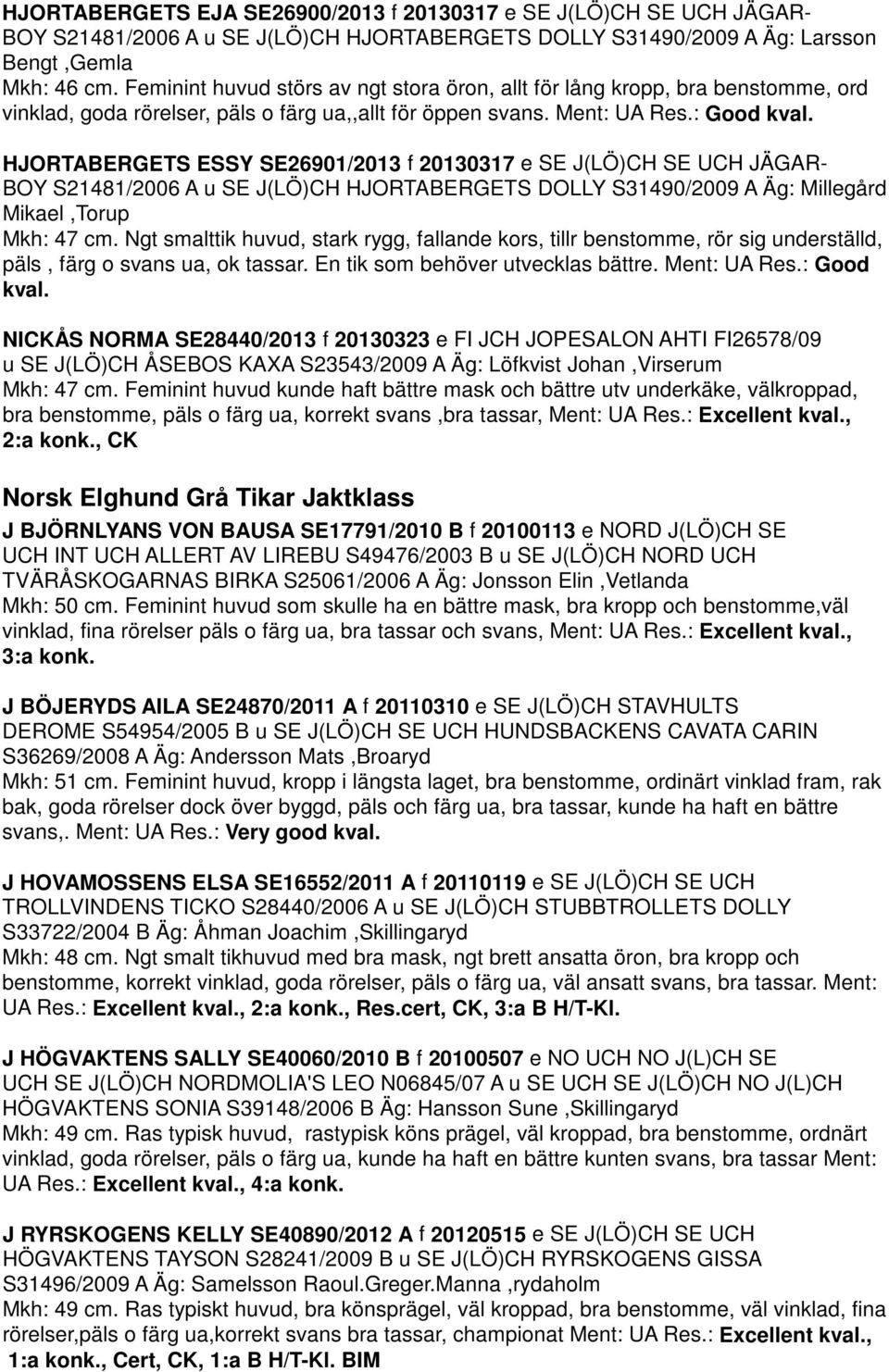 HJORTABERGETS ESSY SE26901/2013 f 20130317 e SE J(LÖ)CH SE UCH JÄGAR- BOY S21481/2006 A u SE J(LÖ)CH HJORTABERGETS DOLLY S31490/2009 A Äg: Millegård Mikael,Torup Mkh: 47 cm.