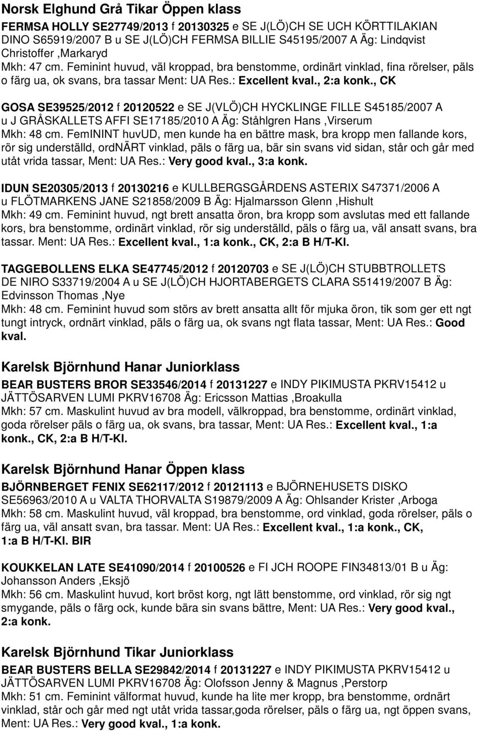 , CK GOSA SE39525/2012 f 20120522 e SE J(VLÖ)CH HYCKLINGE FILLE S45185/2007 A u J GRÅSKALLETS AFFI SE17185/2010 A Äg: Ståhlgren Hans,Virserum Mkh: 48 cm.