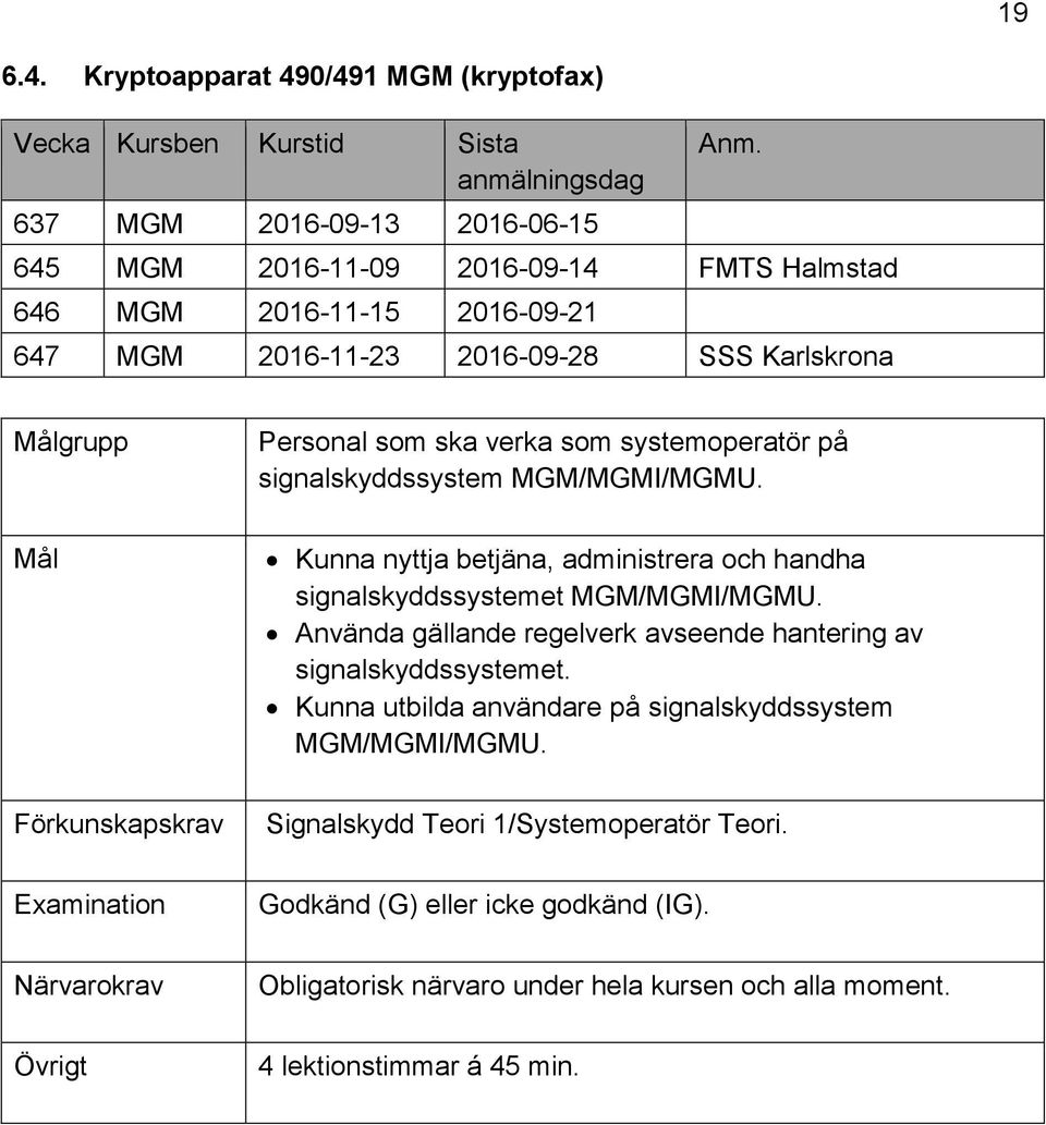 2016-09-28 SSS Karlskrona Personal som ska verka som systemoperatör på signalskyddssystem MGM/MGMI/MGMU.