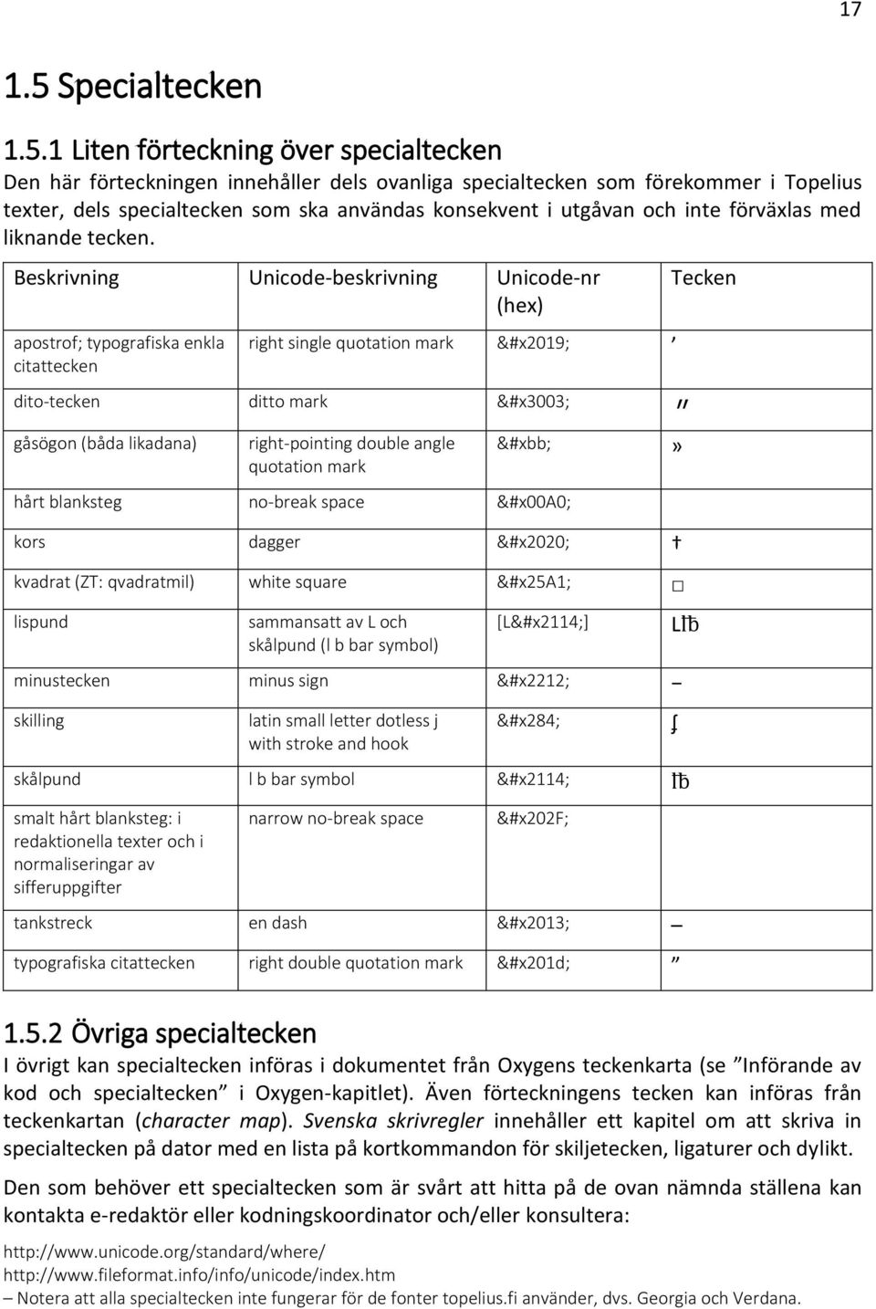 1 Liten förteckning över specialtecken Den här förteckningen innehåller dels ovanliga specialtecken som förekommer i Topelius texter, dels specialtecken som ska användas konsekvent i utgåvan och inte