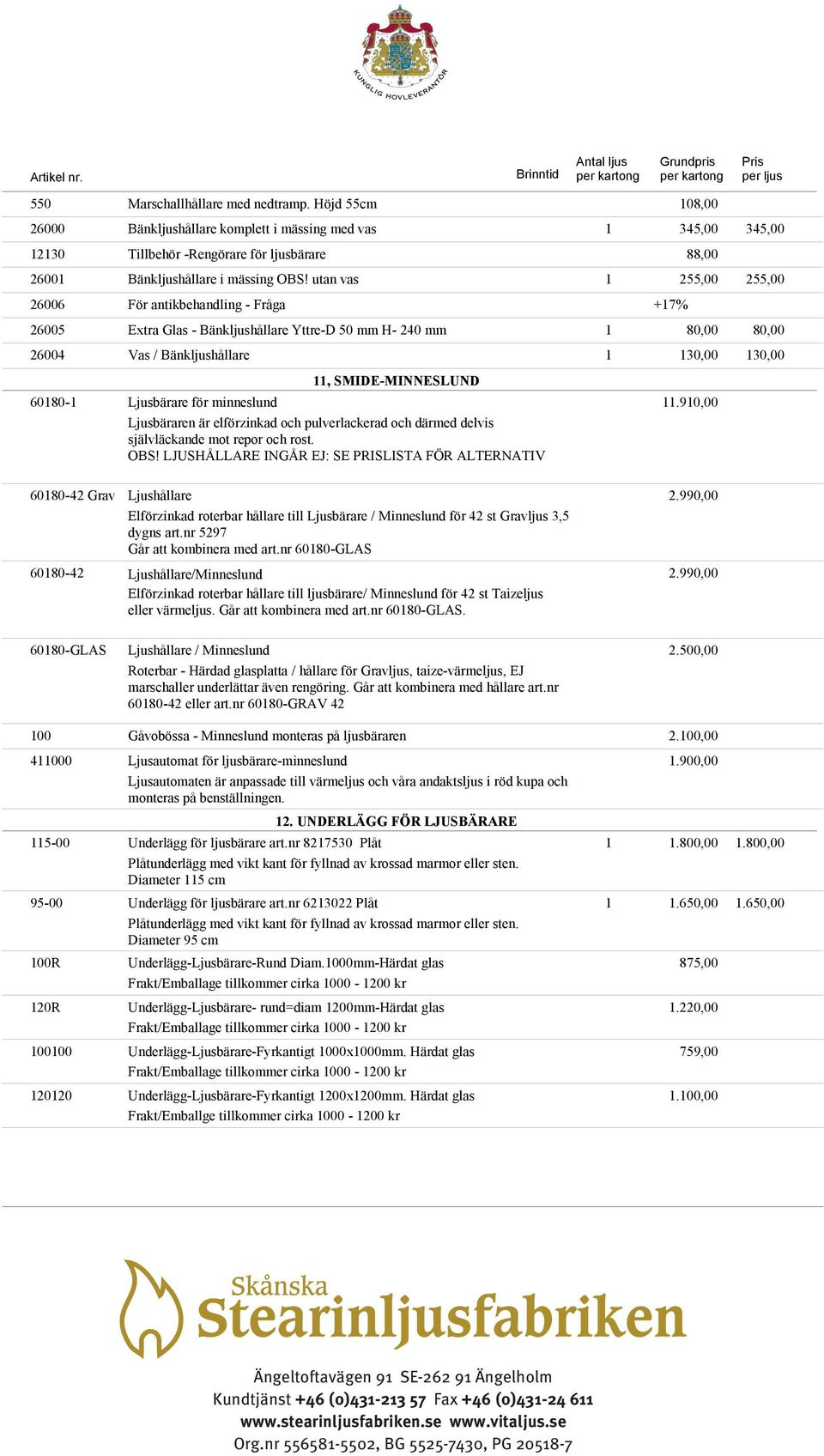 utan vas 1 255,00 255,00 26006 För antikbehandling - Fråga +17% 26005 Extra Glas - Bänkljushållare Yttre-D 50 mm H- 240 mm 1 80,00 80,00 26004 Vas / Bänkljushållare 1 130,00 130,00 11,