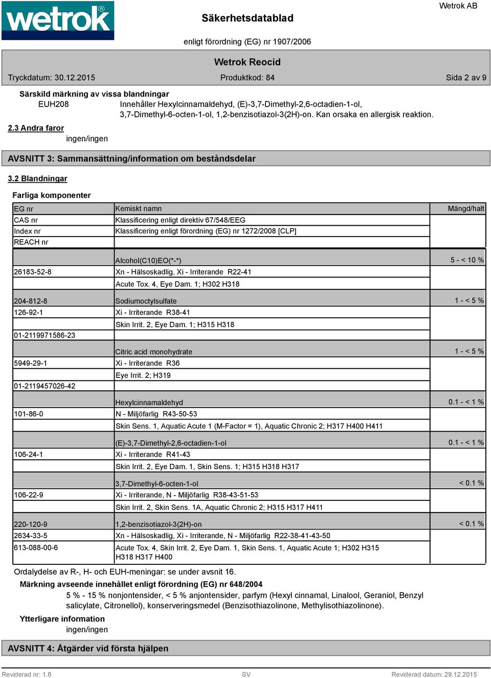 2 Blandningar Farliga komponenter EG nr CAS nr Index nr REACH nr 26183-52-8 Kemiskt namn Klassificering enligt direktiv 67/548/EEG Klassificering enligt förordning (EG) nr 1272/2008 [CLP]