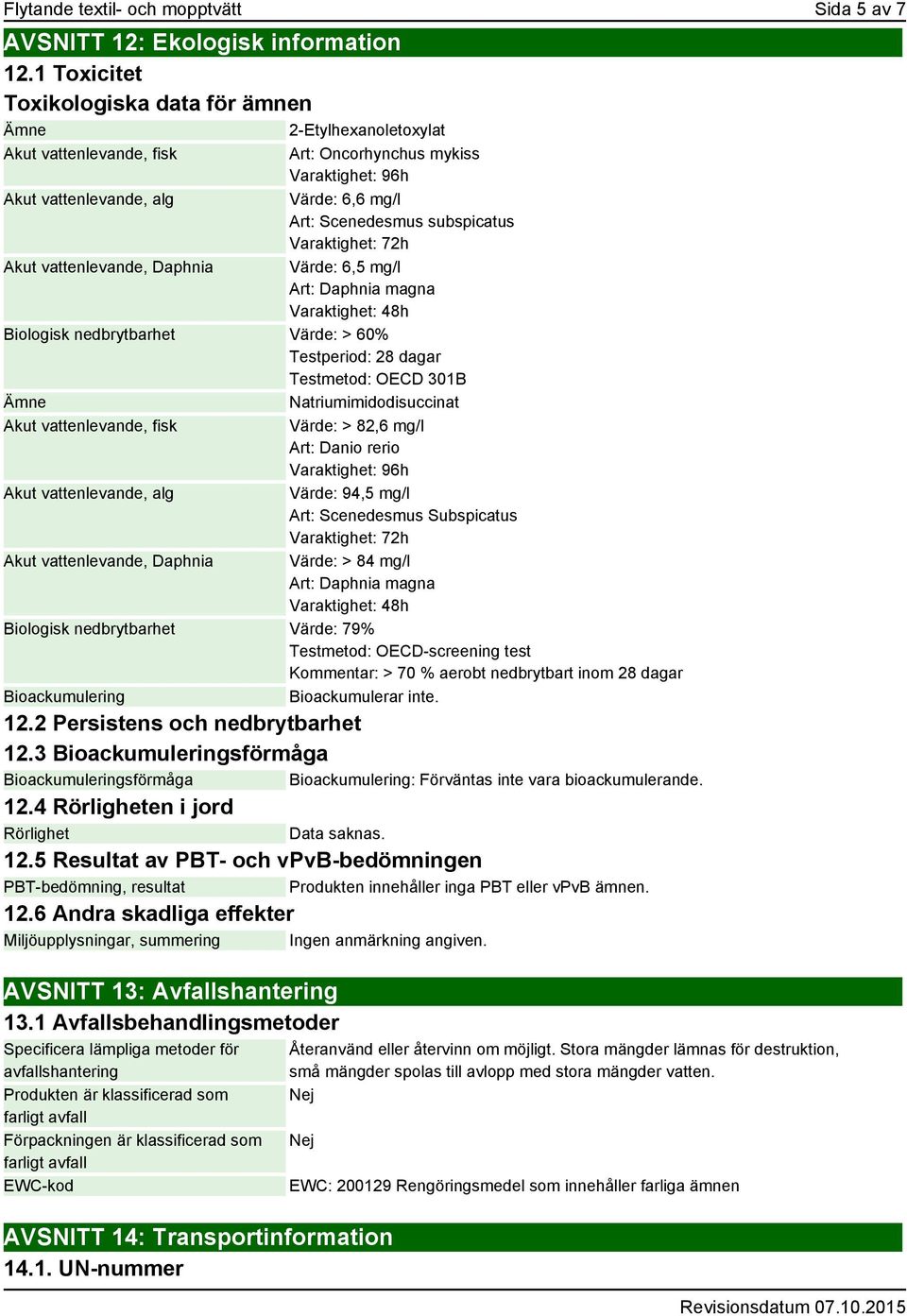 Varaktighet: 72h Akut vattenlevande, Daphnia Värde: 6,5 mg/l Art: Daphnia magna Varaktighet: 48h Biologisk nedbrytbarhet Värde: > 60% Testperiod: 28 dagar Testmetod: OECD 301B Natriumimidodisuccinat