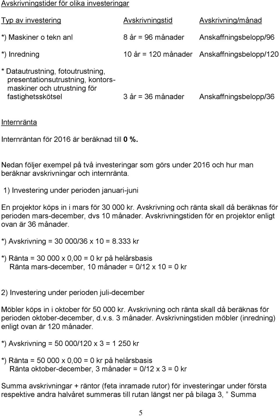 för 2016 är beräknad till 0 %. Nedan följer exempel på två investeringar som görs under 2016 och hur man beräknar avskrivningar och internränta.