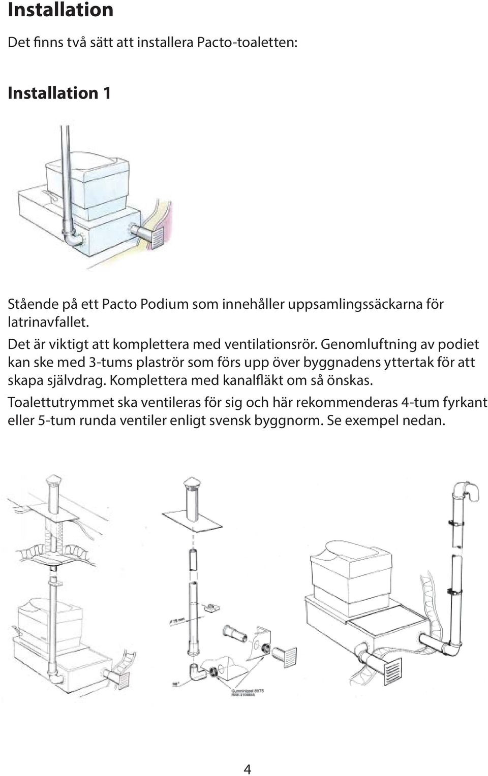 Genomluftning av podiet kan ske med 3-tums plaströr som förs upp över byggnadens yttertak för att skapa självdrag.