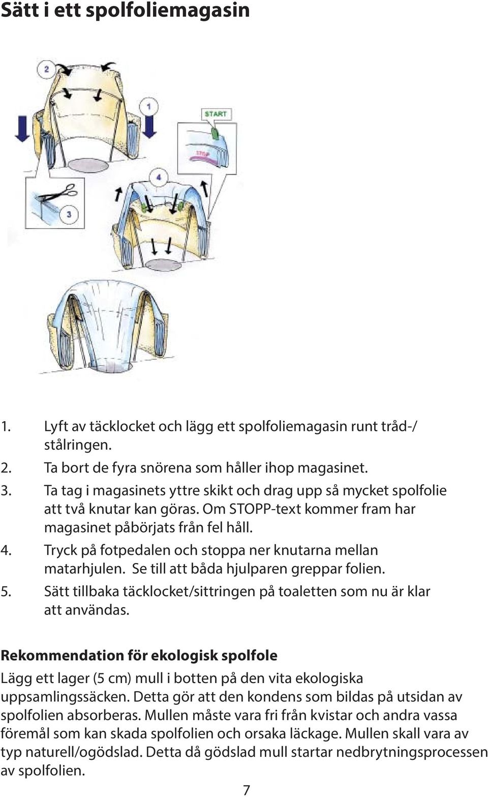 Tryck på fotpedalen och stoppa ner knutarna mellan matarhjulen. Se till att båda hjulparen greppar folien. 5. Sätt tillbaka täcklocket/sittringen på toaletten som nu är klar att användas.