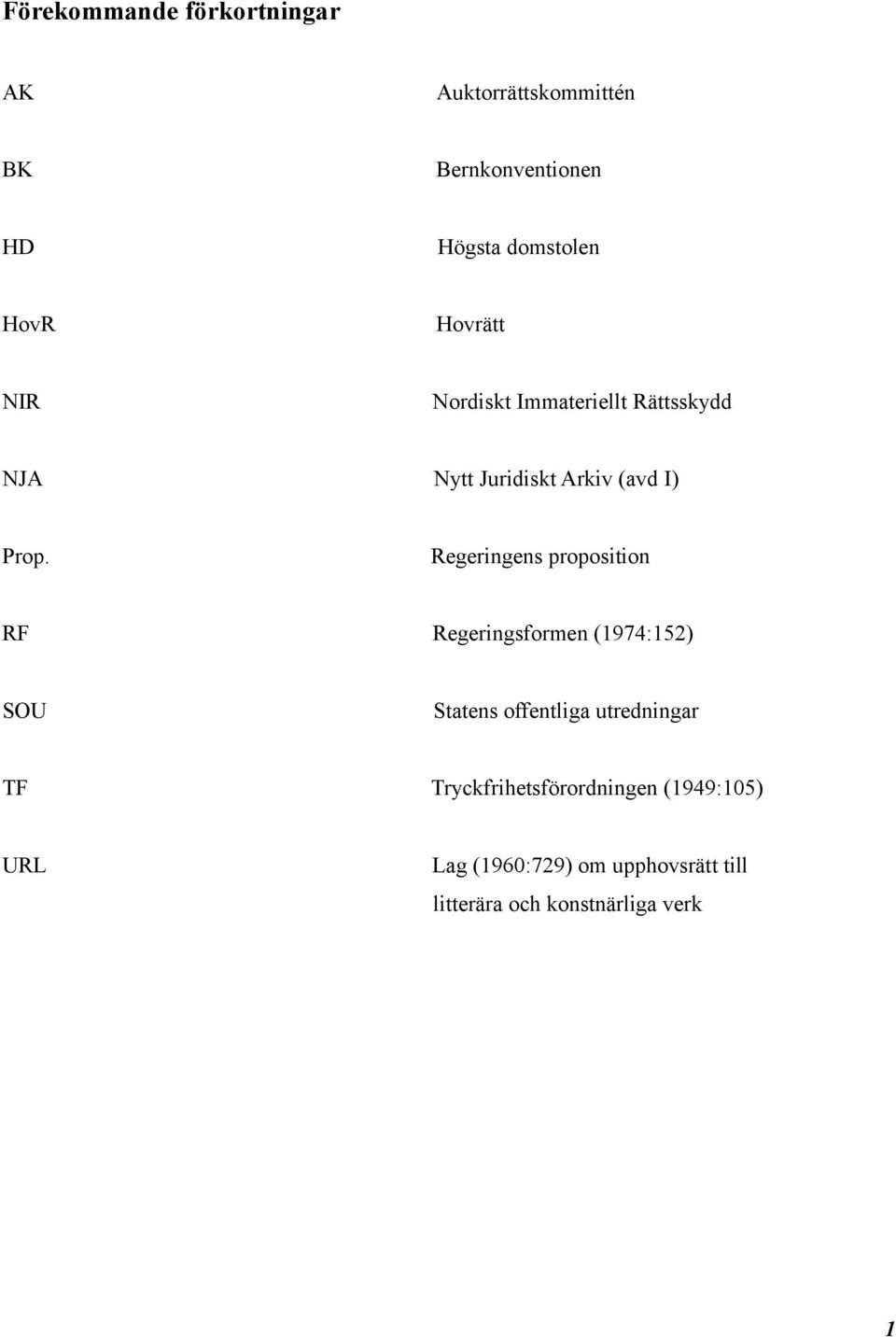 Regeringens proposition RF Regeringsformen (1974:152) SOU Statens offentliga utredningar TF