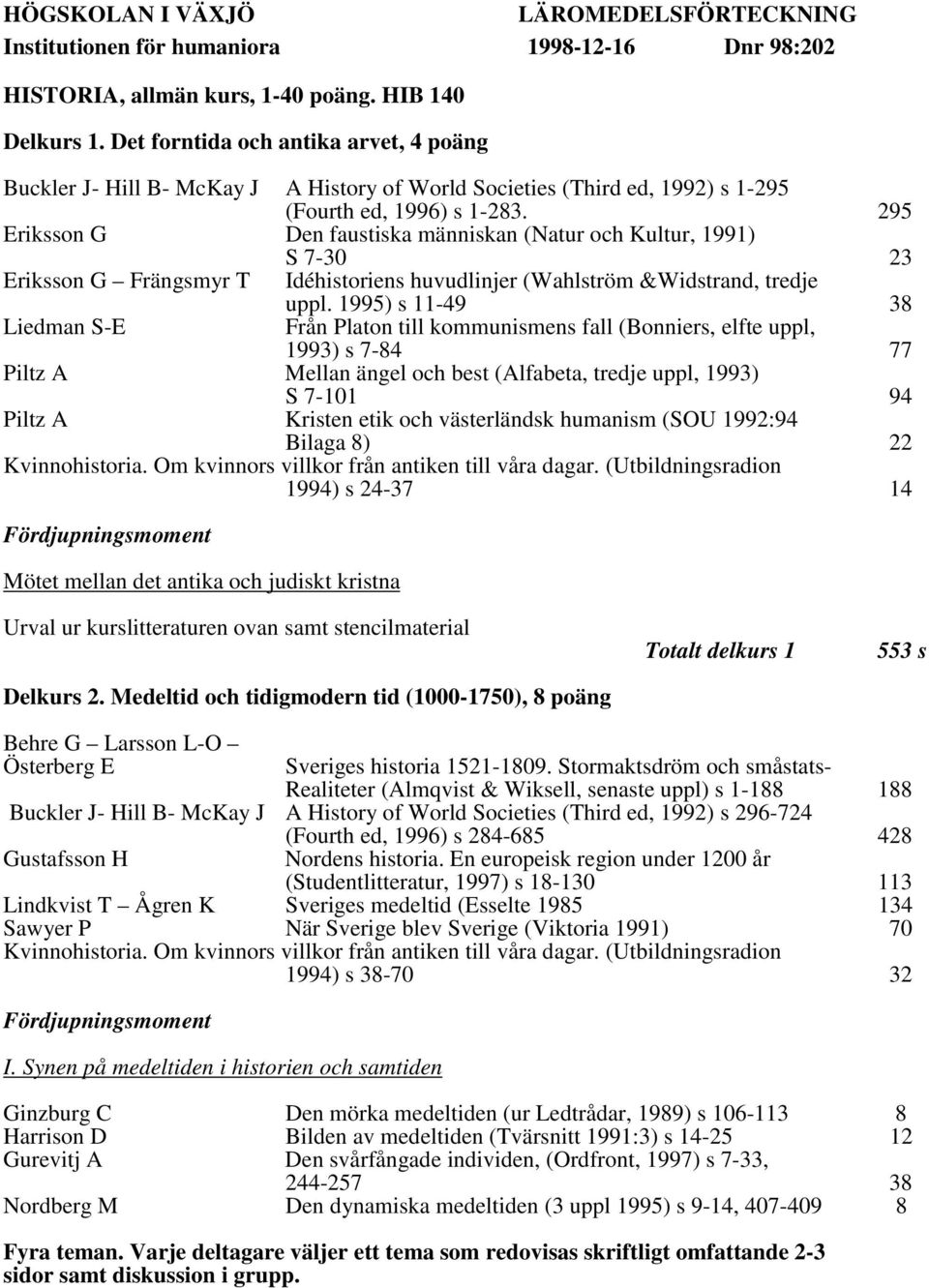 295 Eriksson G Den faustiska människan (Natur och Kultur, 1991) S 7-30 23 Eriksson G Frängsmyr T Idéhistoriens huvudlinjer (Wahlström &Widstrand, tredje Liedman S-E uppl.