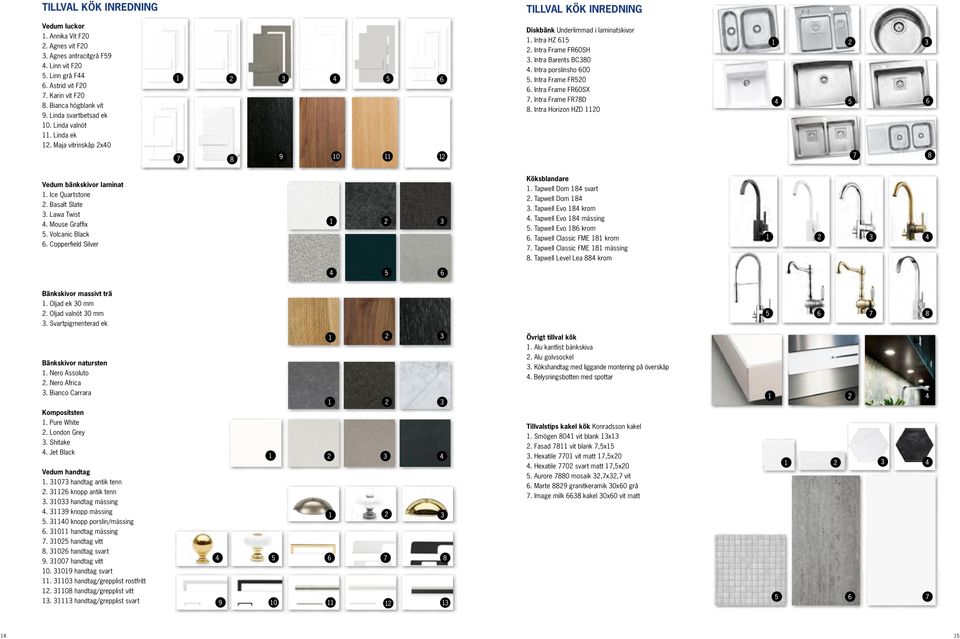 Intra porslinsho 600 5. Intra Frame FR520 6. Intra Frame FR60SX 7. Intra Frame FR78D 8. Intra Horizon HZD 1120 Vedum bänkskivor laminat 1. Ice Quartstone 2. Basalt Slate 3. Lawa Twist 4.
