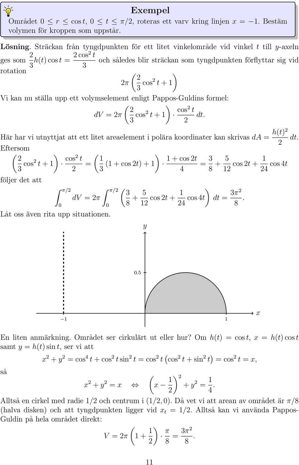 upp ett volmselement enligt Pppos-Guldins formel: ( ) dv = π cos t + 1 cos t dt. Här hr vi utnttjt tt ett litet reelement i polär koordinter kn skrivs da = h(t) dt.