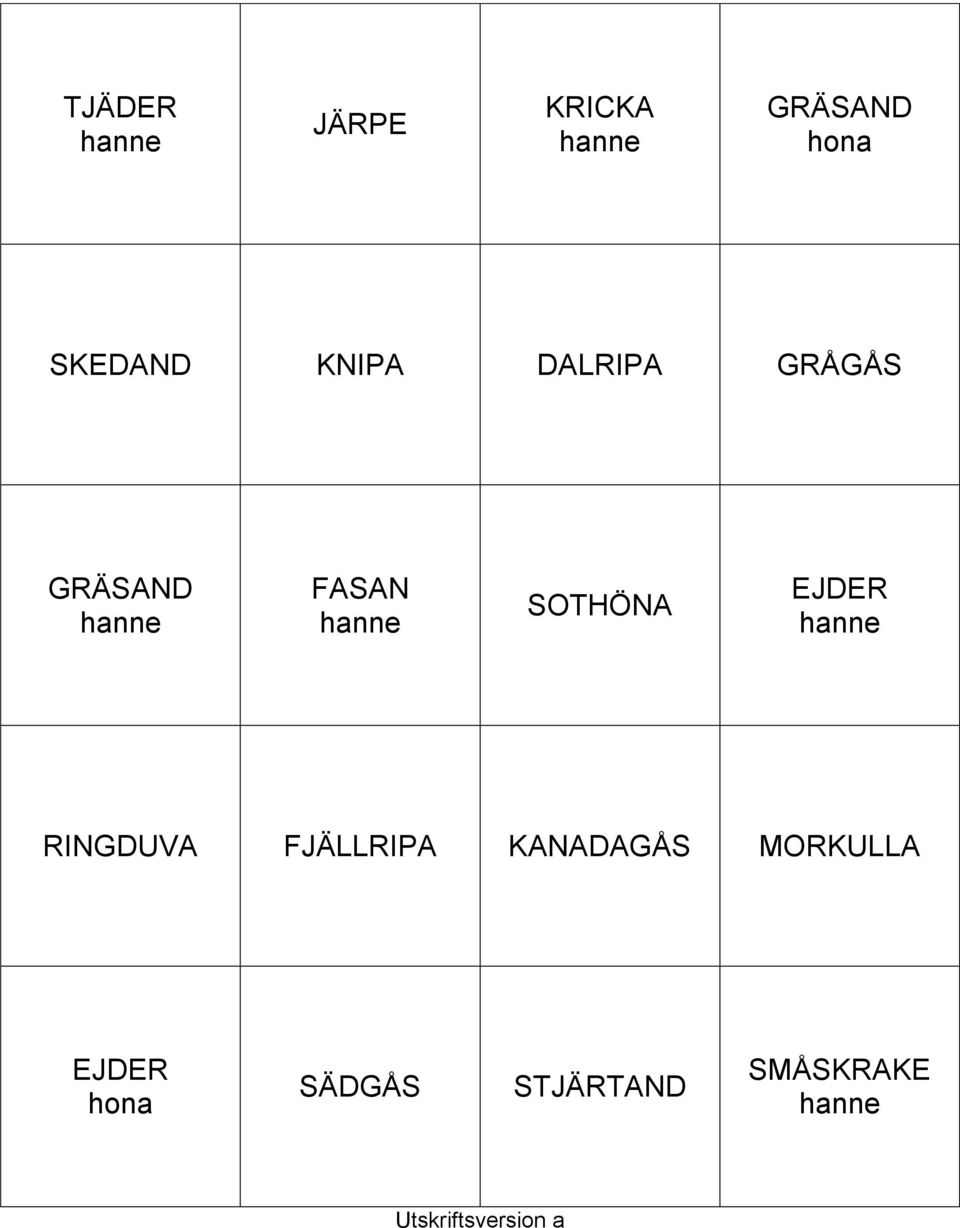 EJDER RINGDUVA FJÄLLRIPA KANADAGÅS MORKULLA