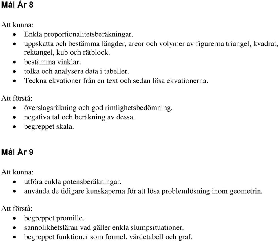 tolka och analysera data i tabeller. Teckna ekvationer från en text och sedan lösa ekvationerna. överslagsräkning och god rimlighetsbedömning.