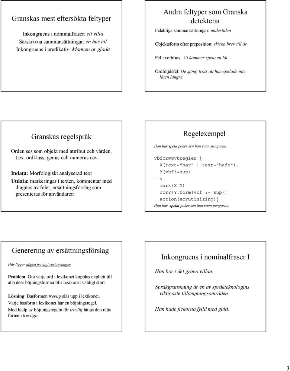 Granskas regelspråk Orden ses som objekt med attribut och värden, t.ex. ordklass, genus och numerus osv.