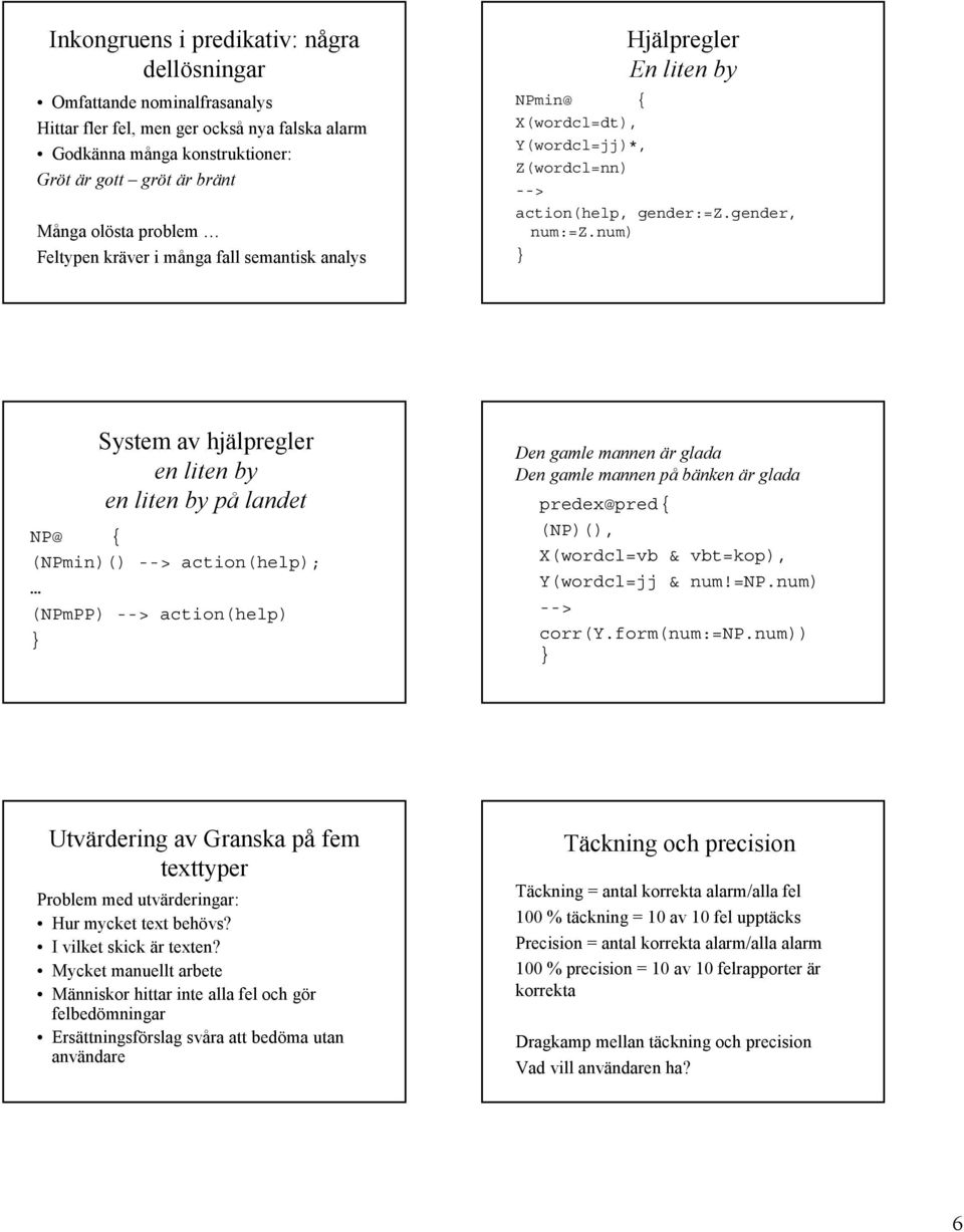 num) } System av hjälpregler en liten by en liten by på landet NP@ { (NPmin)() action(help); (NPmPP) action(help) } Den gamle mannen är glada Den gamle mannen på bänken är glada predex@pred{ (NP)(),