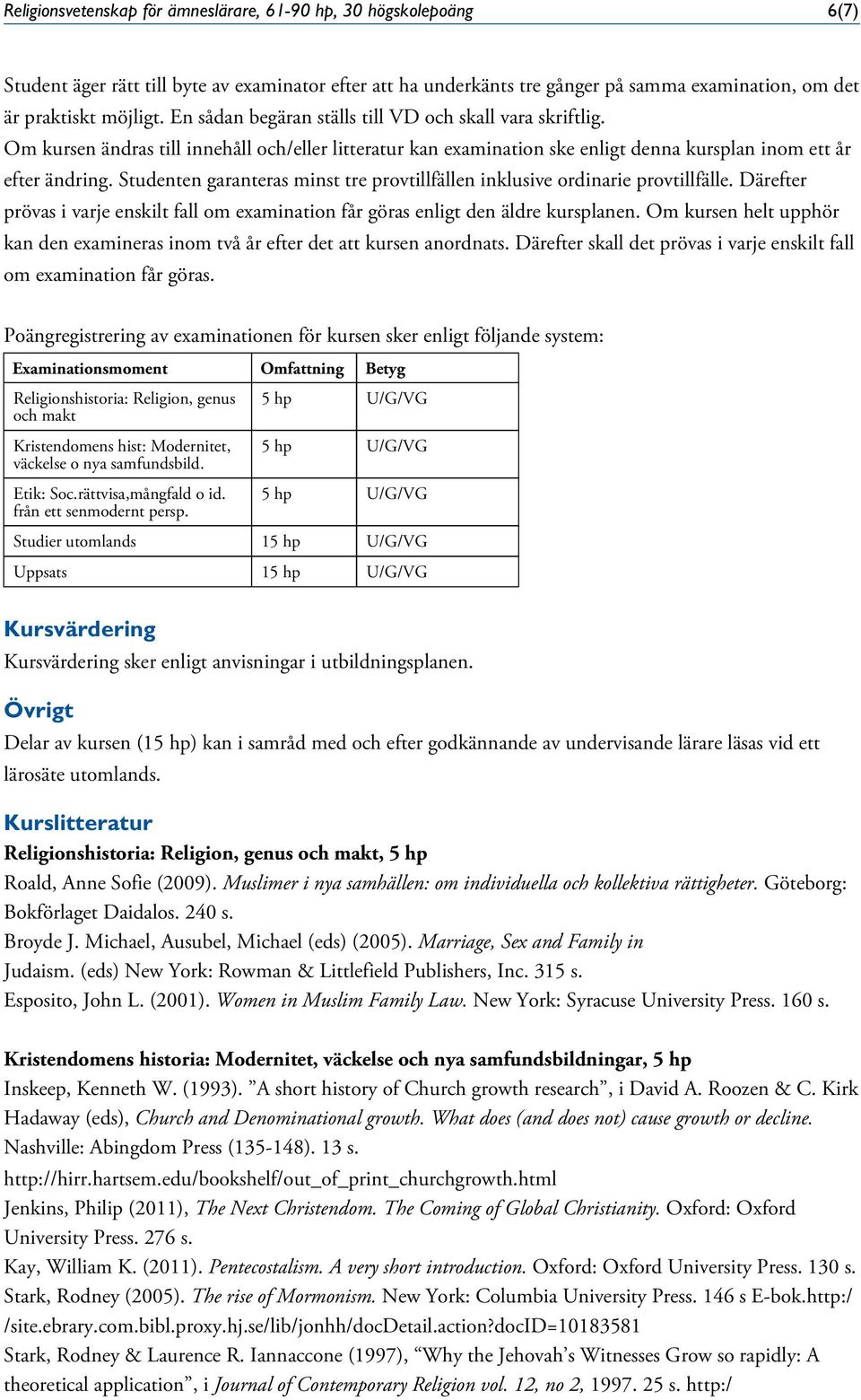 Studenten garanteras minst tre provtillfällen inklusive ordinarie provtillfälle. Därefter prövas i varje enskilt fall om examination får göras enligt den äldre kursplanen.