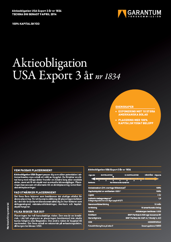 Strukturerad Placeringsprodukt Placeringar med skydd Aktieobligation USA Export 3 år nr 1834 Konjunkturen i USA har varit motståndskraftig.