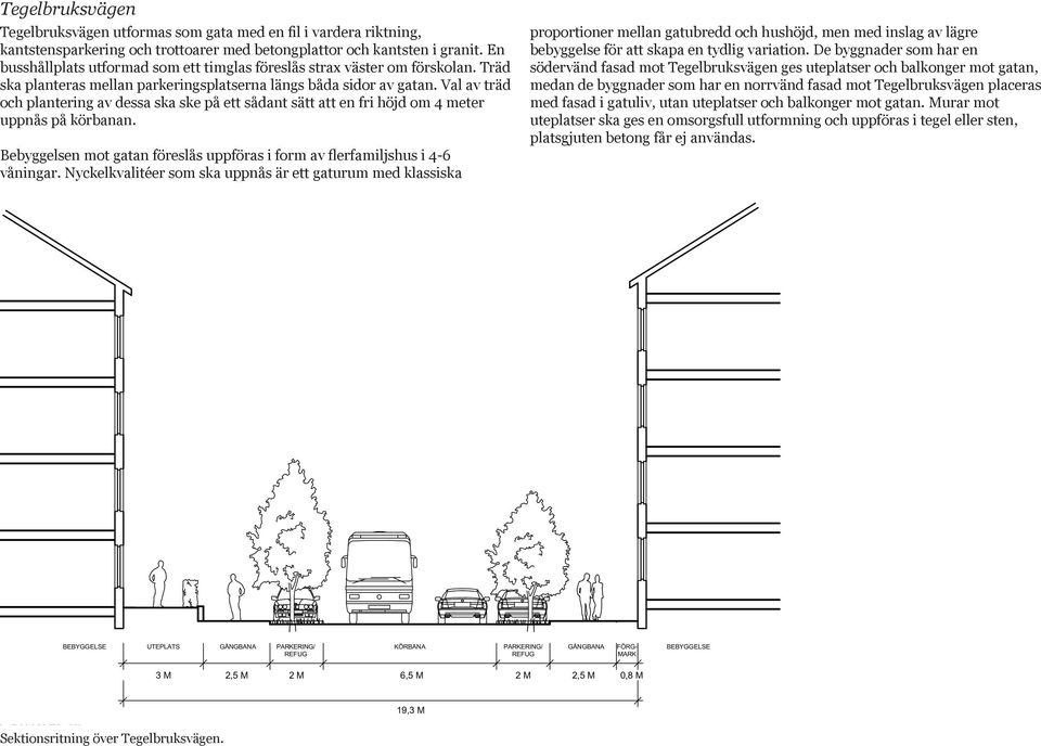 Val av träd och plantering av dessa ska ske på ett sådant sätt att en fri höjd om 4 meter uppnås på körbanan. Bebyggelsen mot gatan föreslås uppföras i form av flerfamiljshus i 4-6 våningar.