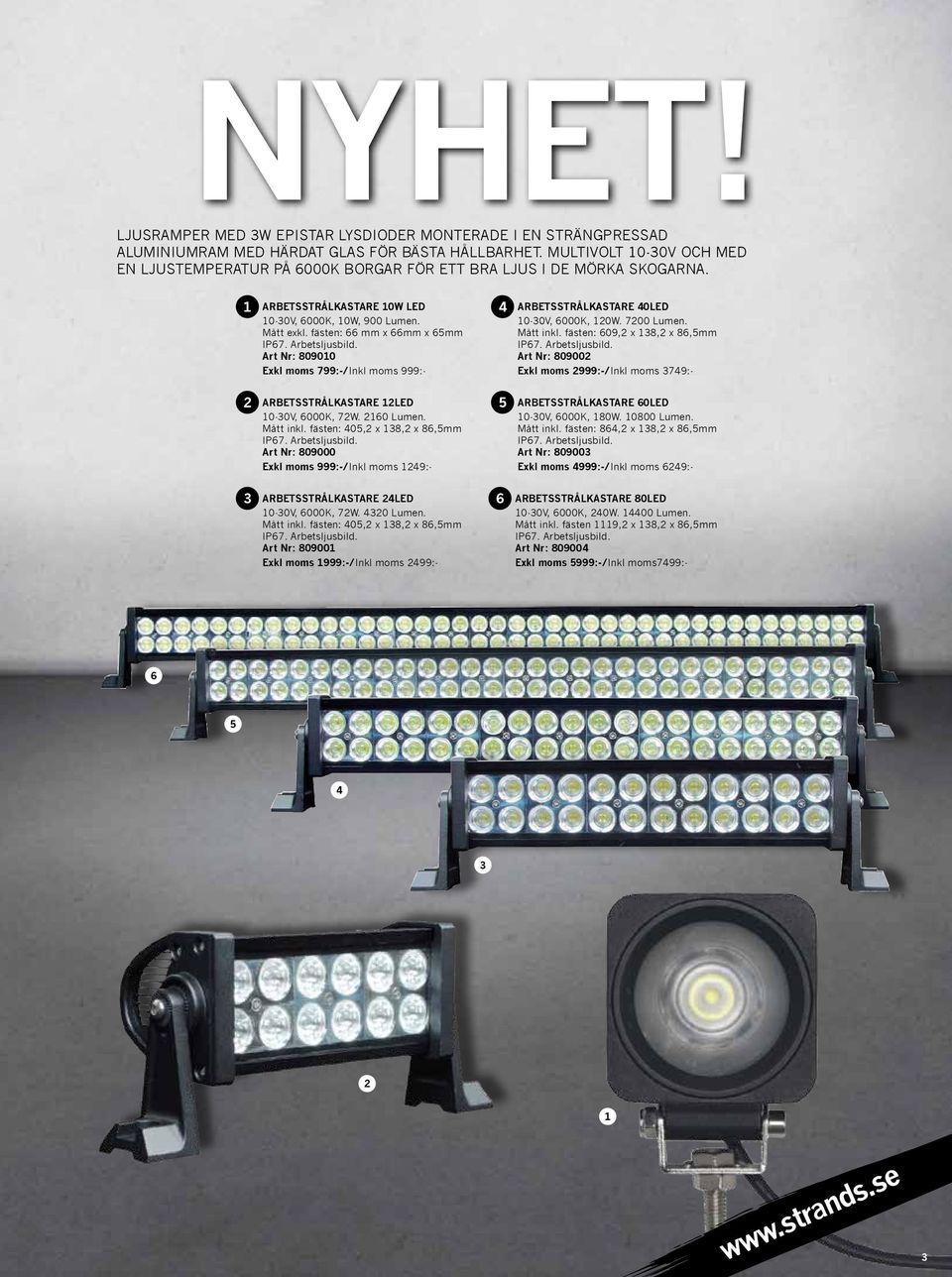 fästen: 66 mm x 66mm x 65mm IP67. Arbetsljusbild. Art Nr: 809010 Exkl moms 799:-/Inkl moms 999:- 4 ARBETSSTRÅLKASTARE 40LED 10-30V, 6000K, 120W. 7200 Lumen. Mått inkl.